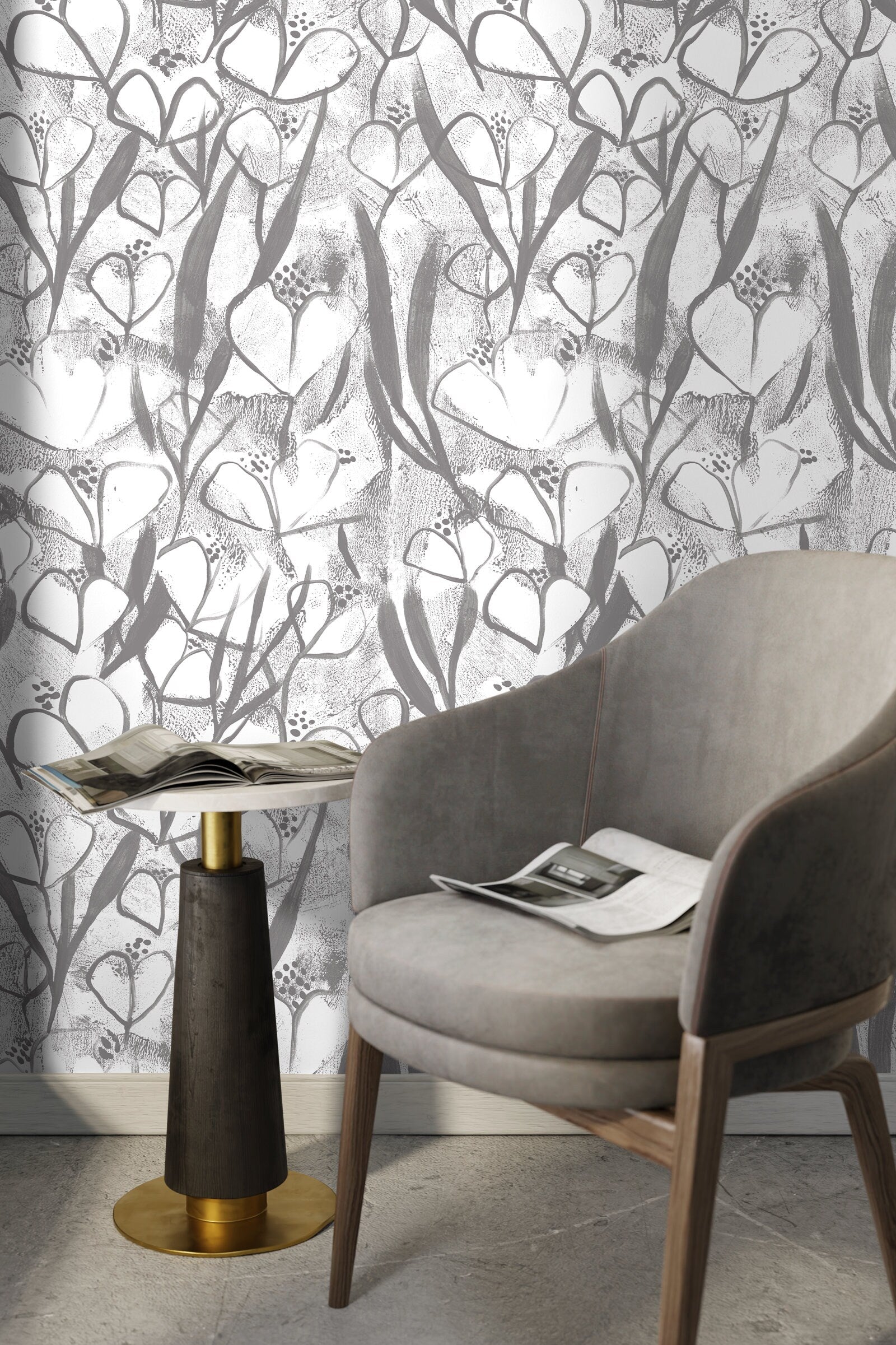 Floral Wallpaper With An Abstract Painterly Motif In Black And Grey - X191