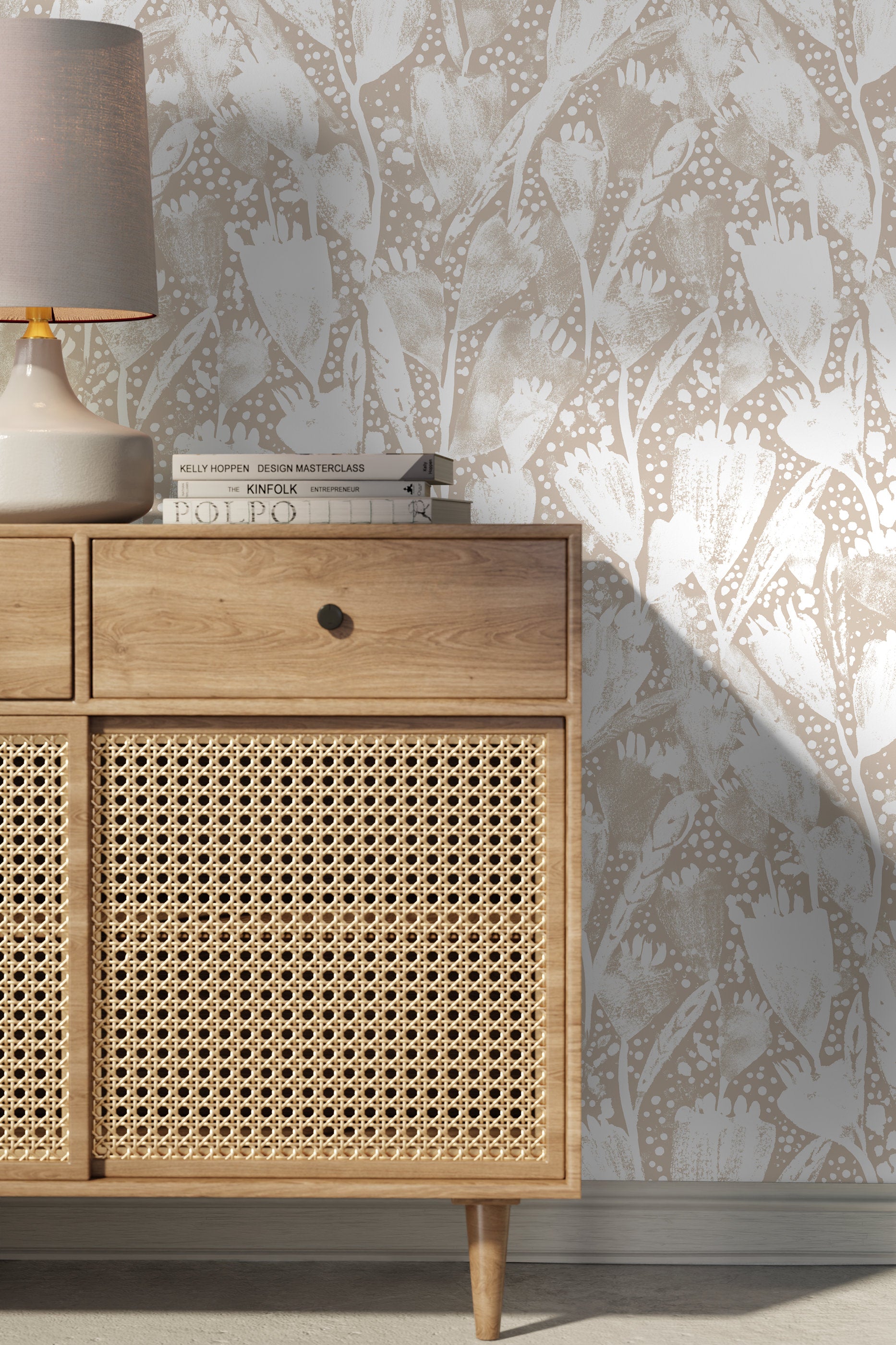 Floral Wallpaper With An Abstract Tulip Motif In White And Beige - X194