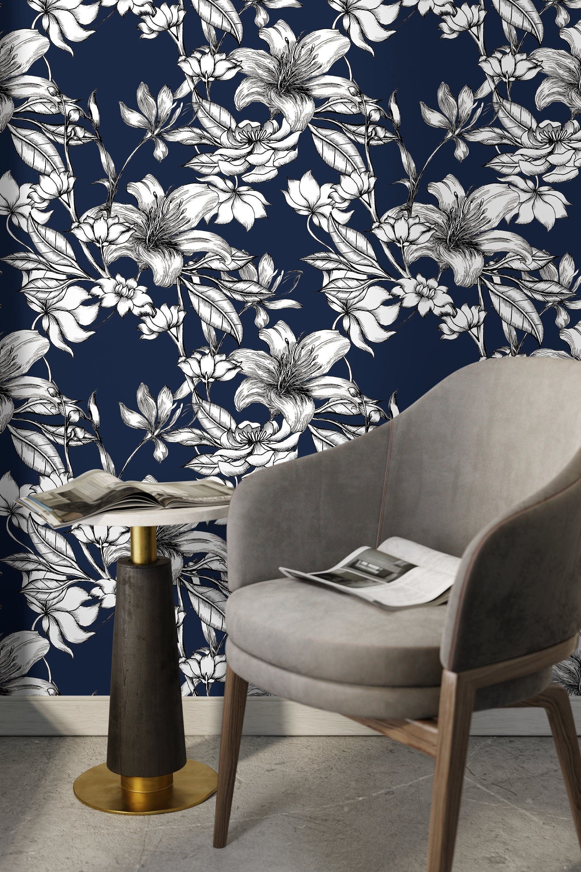 Floral Wallpaper Featuring Sketched Lilies In Navy Blue, White, And Black - A944
