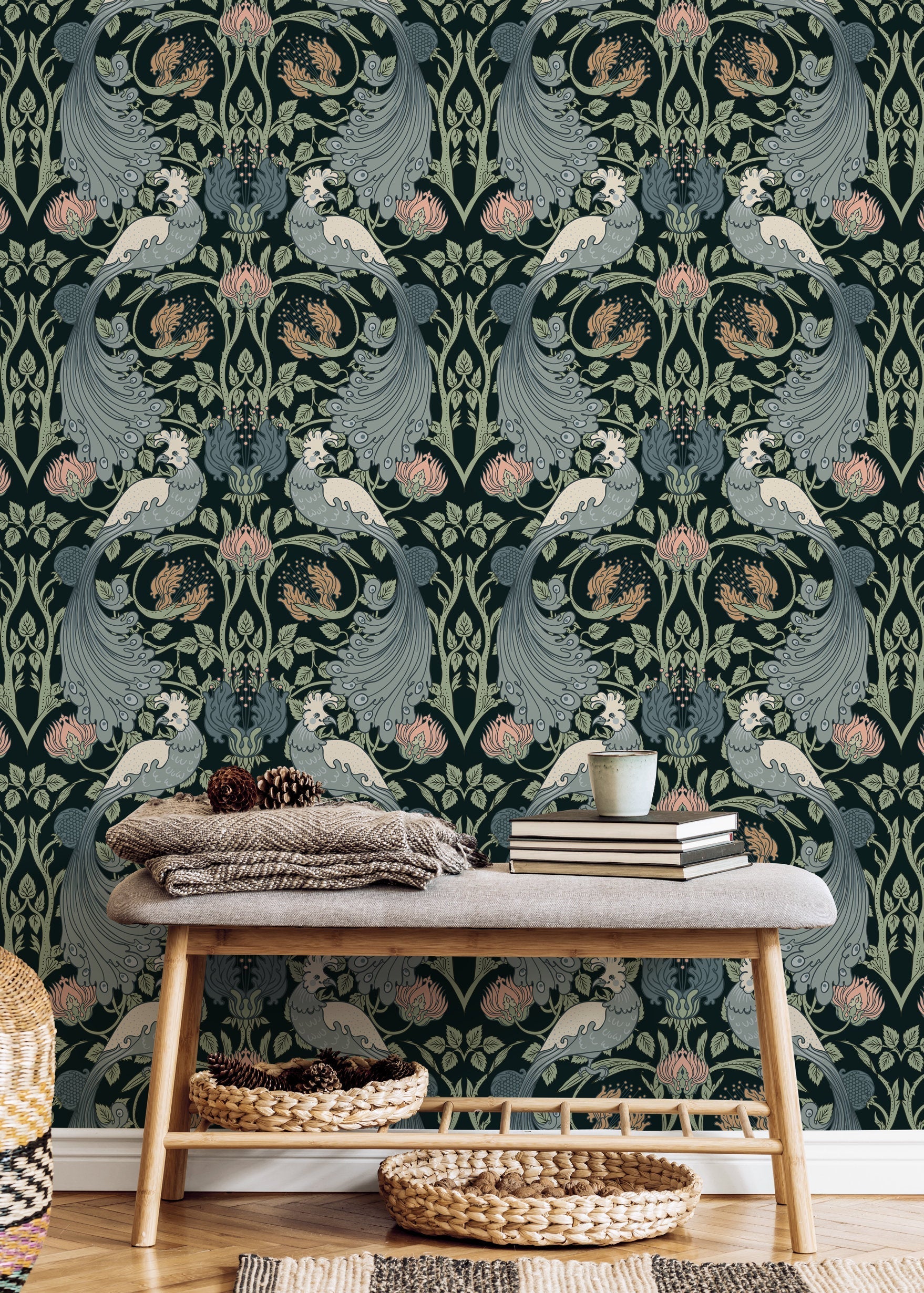 William Morris Wallpaper With A Bird And Vine Motif In Green, Blue, And Pink - D004
