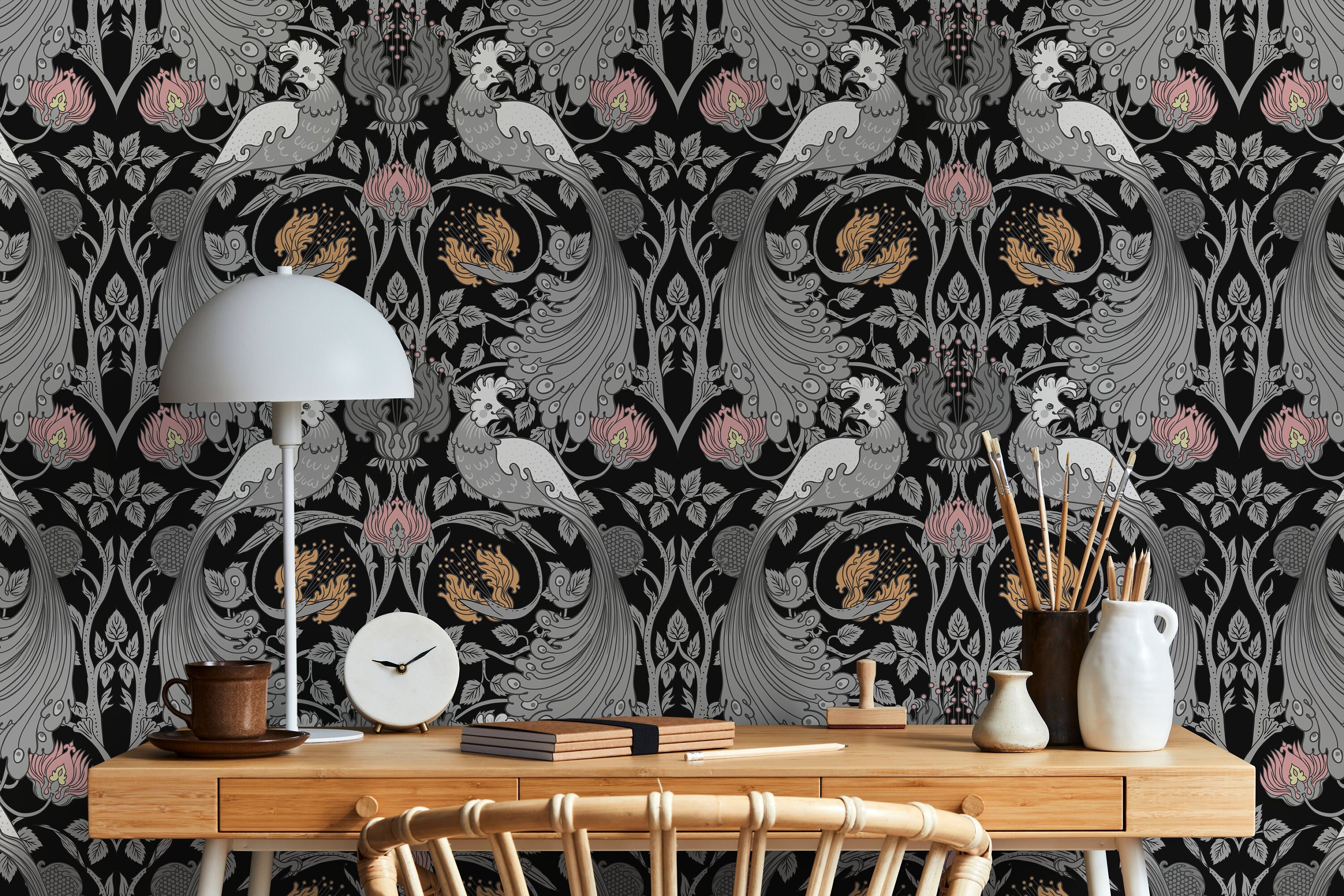 Arts And Crafts Wallpaper With A Bird And Pomegranate Motif In Gray, Pink, And Gold - D005