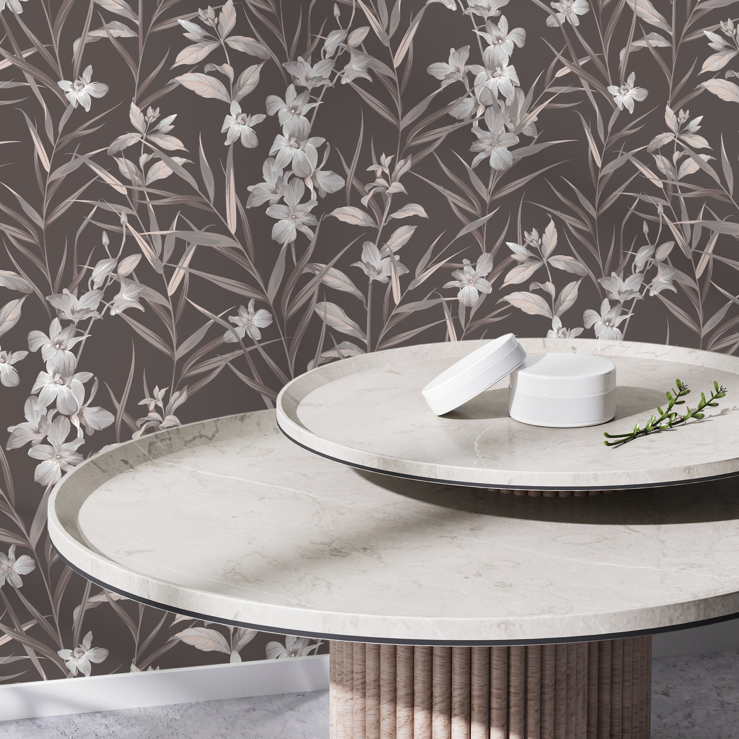 Botanical Wallpaper With Elegant Orchids In Brown, Grey, And Beige - D033