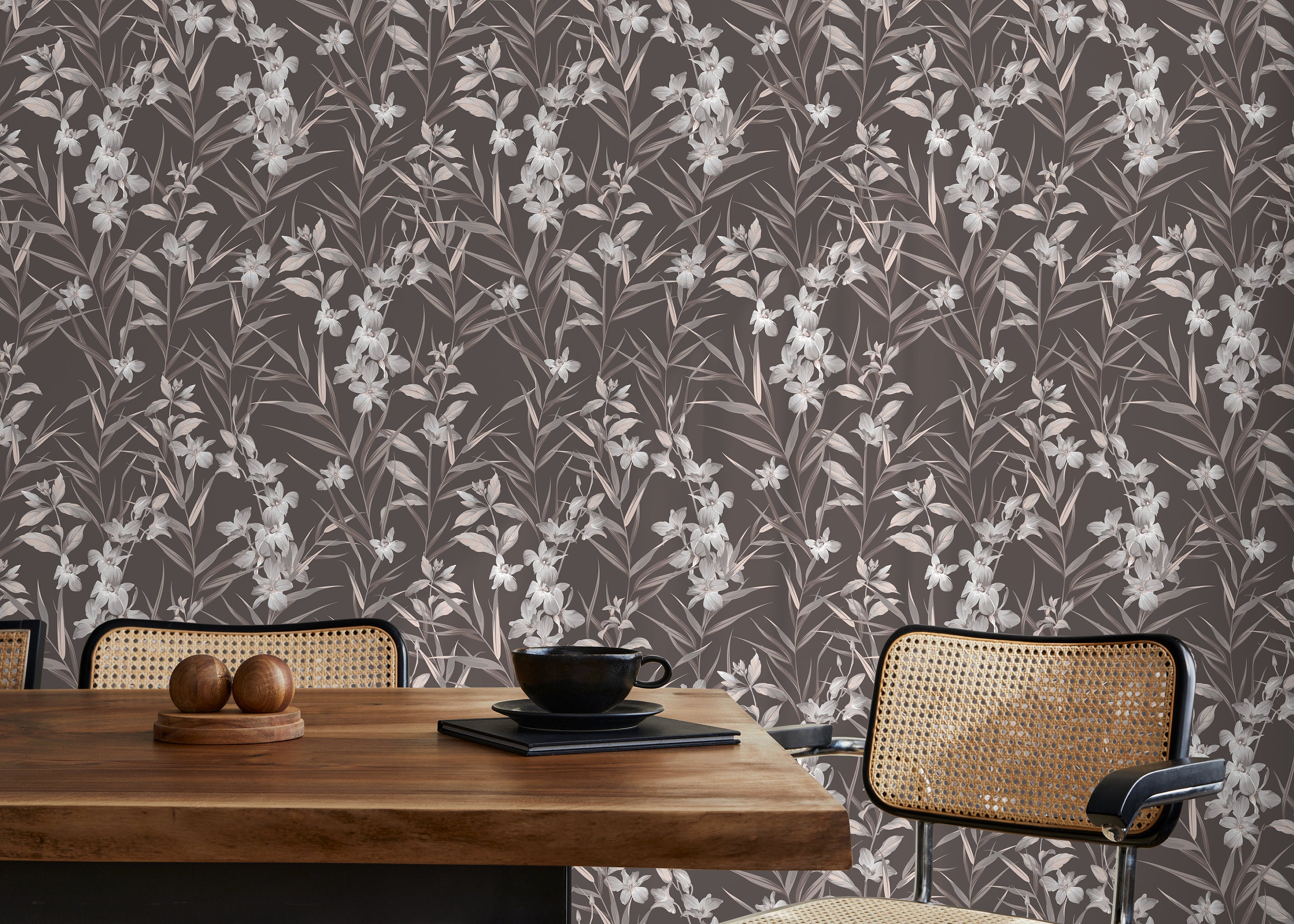 Botanical Wallpaper With Elegant Orchids In Brown, Grey, And Beige - D033