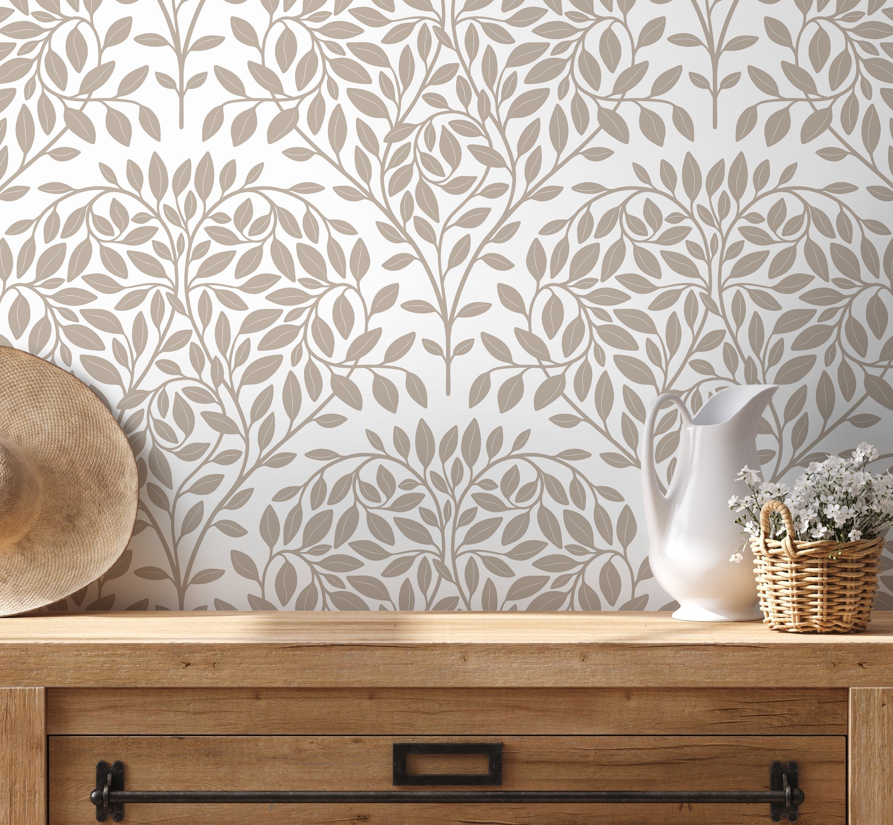 Botanical Wallpaper With A Scandinavian Leaf Motif In Taupe - D035