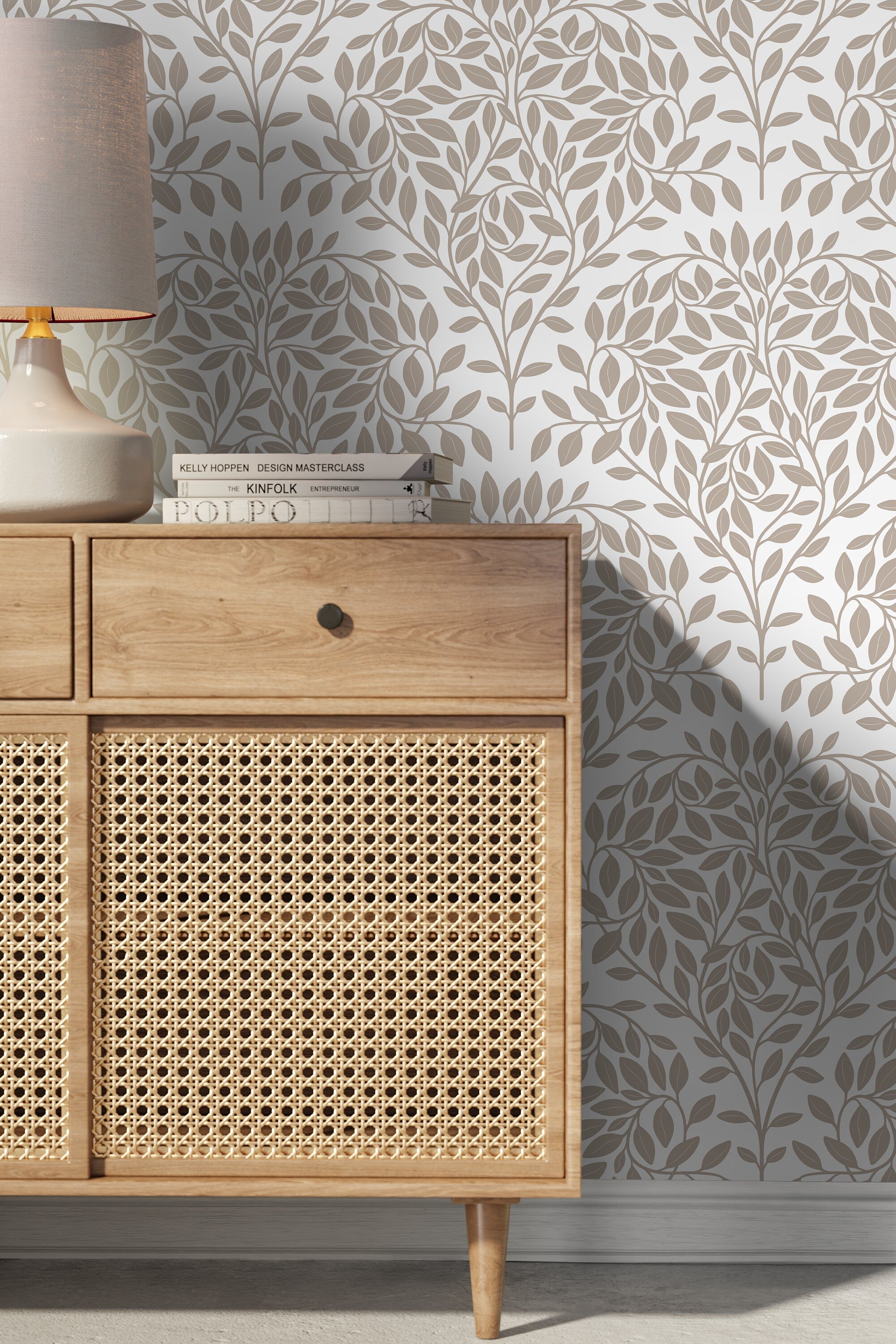 Botanical Wallpaper With A Scandinavian Leaf Motif In Taupe - D035