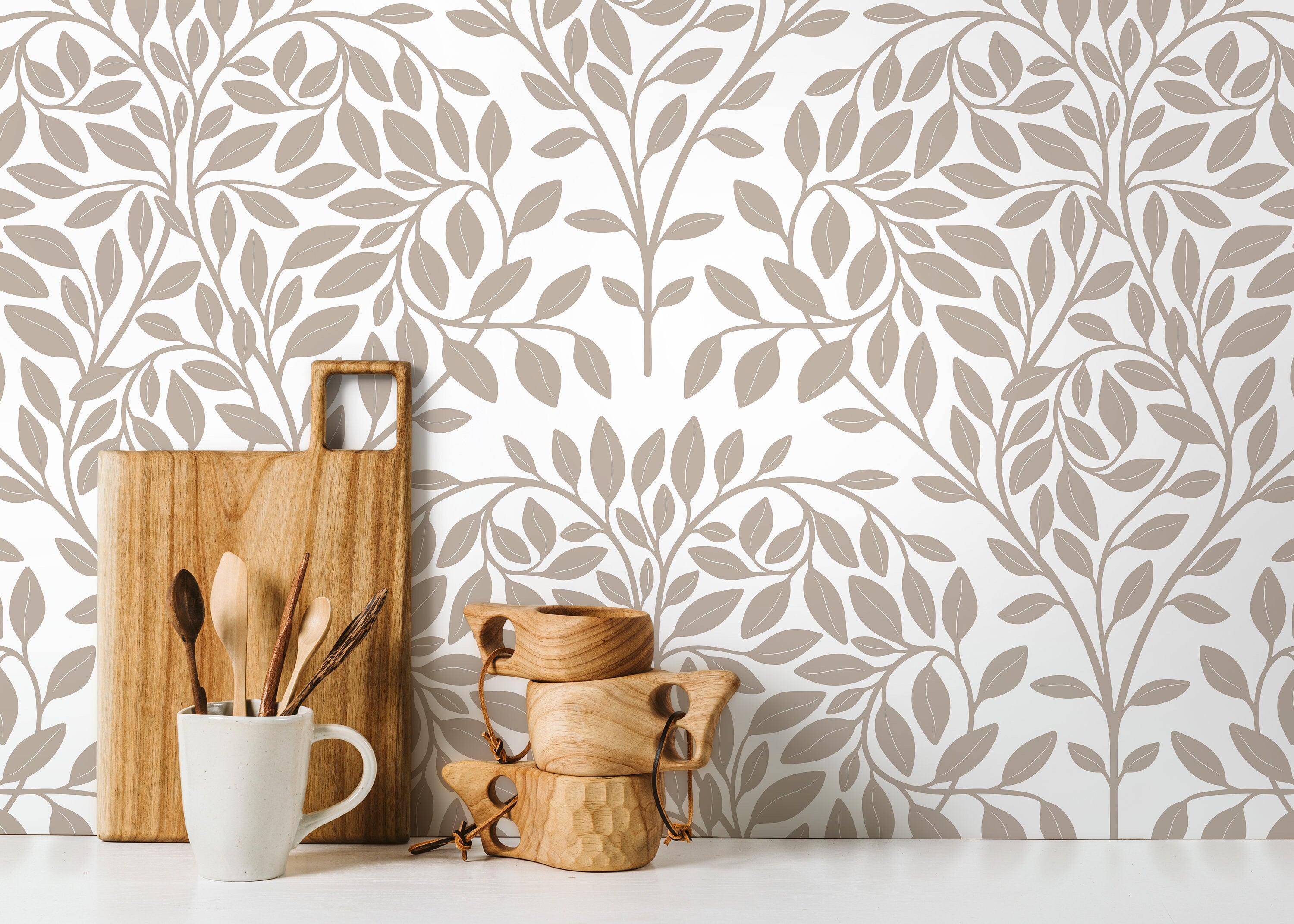 Botanical Wallpaper With A Scandinavian Leaf Motif In Taupe - D035