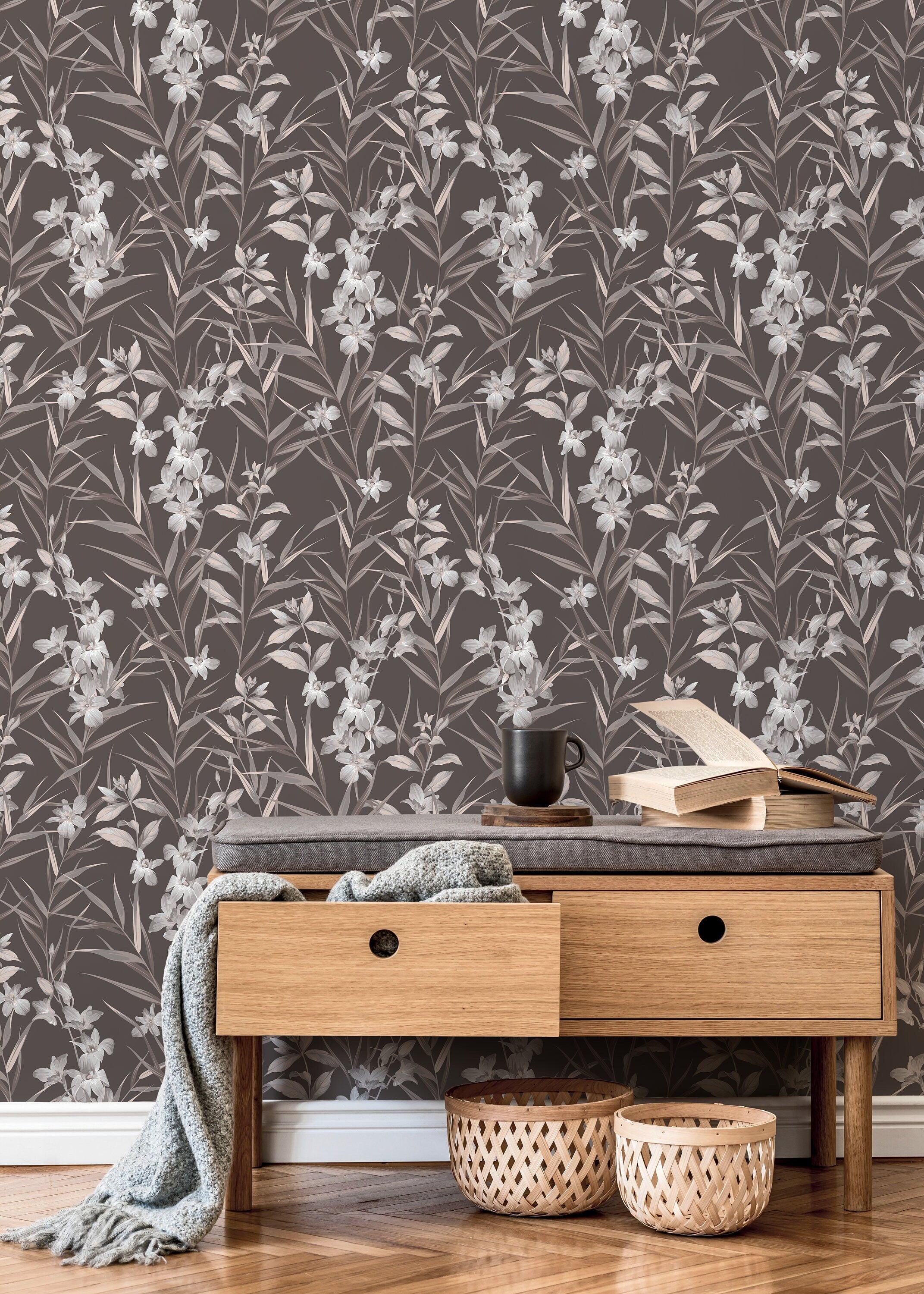 Botanical Wallpaper With Elegant Orchids In Brown, Grey, And Beige - D033