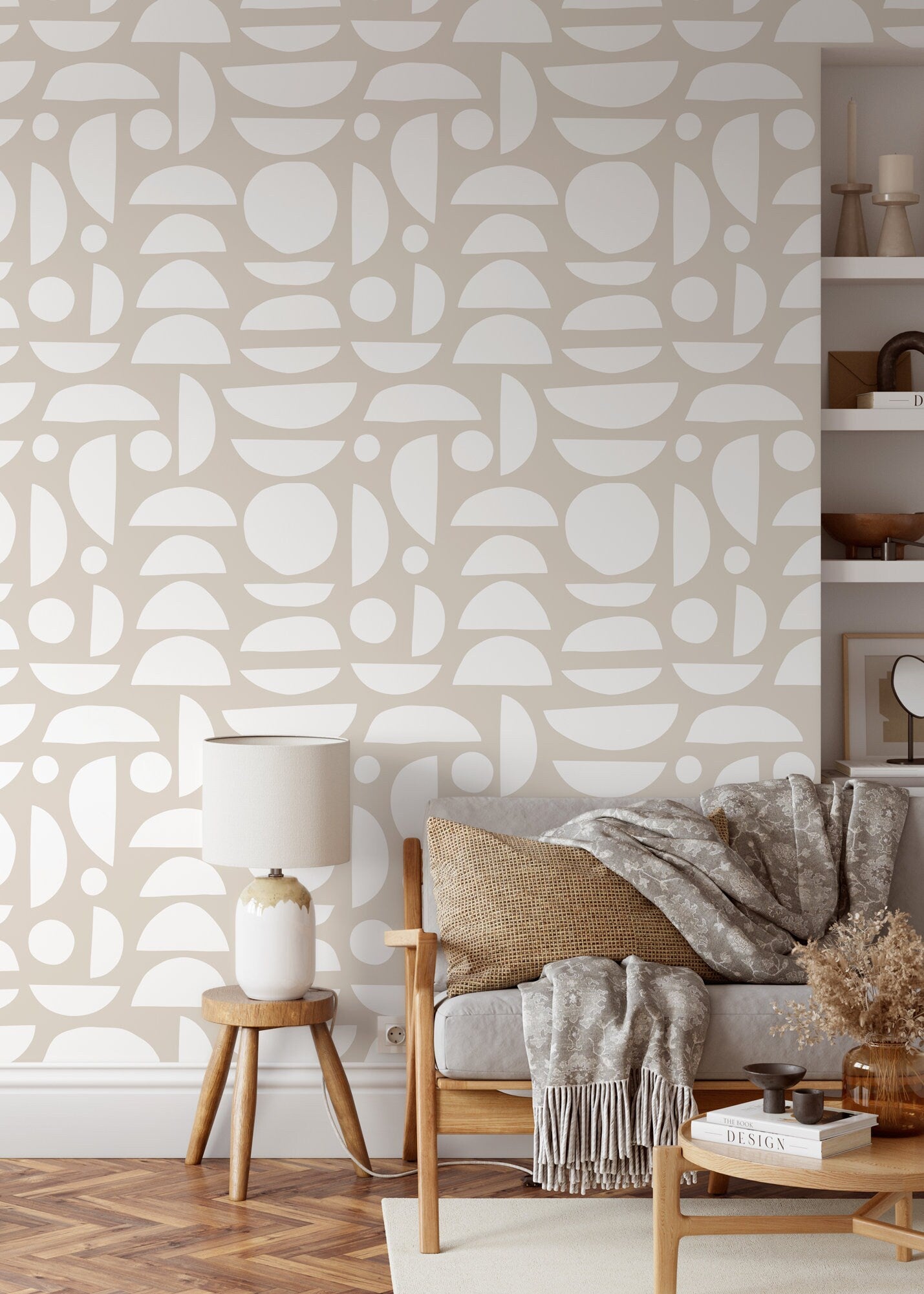 Abstract Wallpaper With Organic Semi-circle Shapes In Beige And White - D012