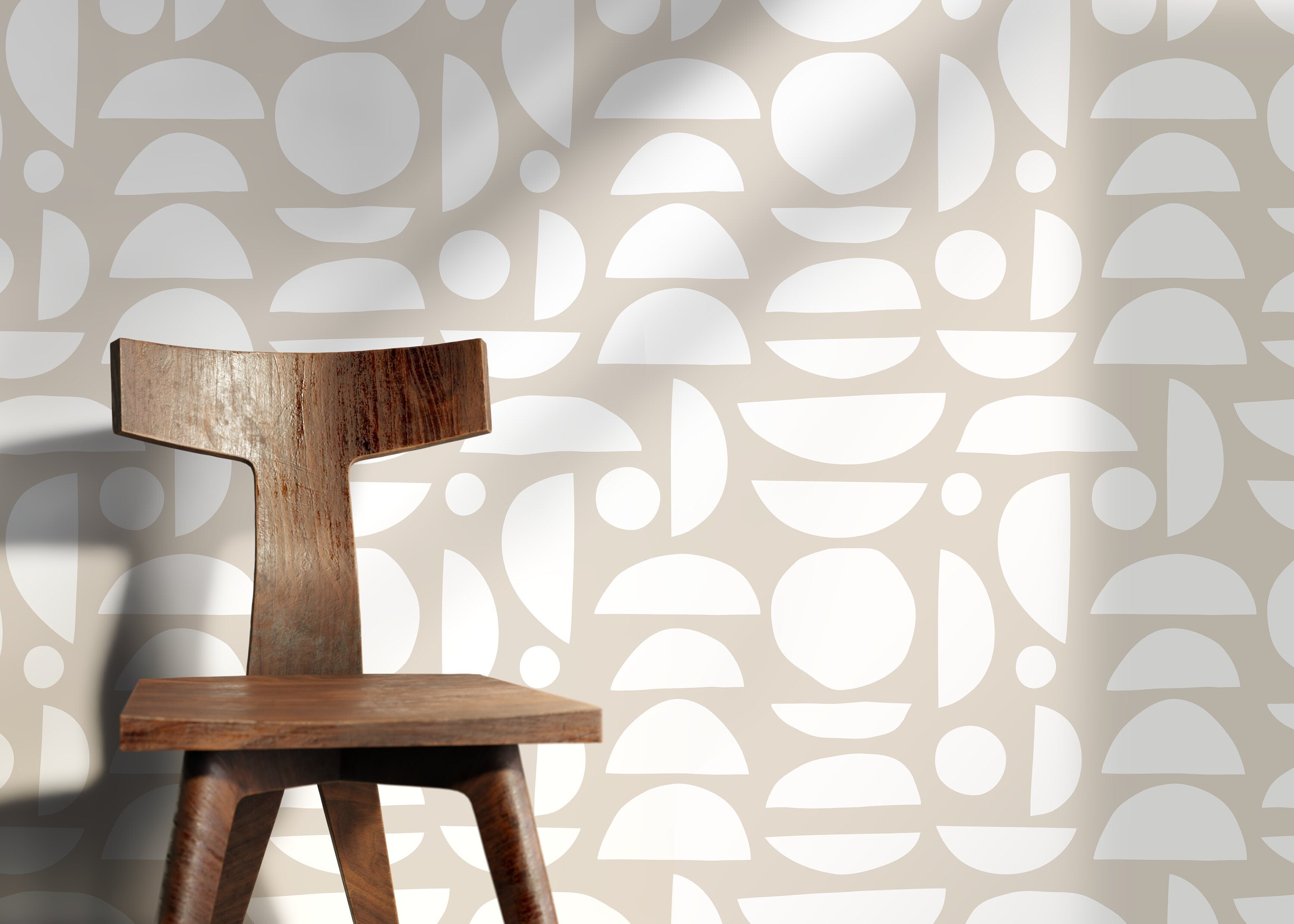 Abstract Wallpaper With Organic Semi-circle Shapes In Beige And White - D012