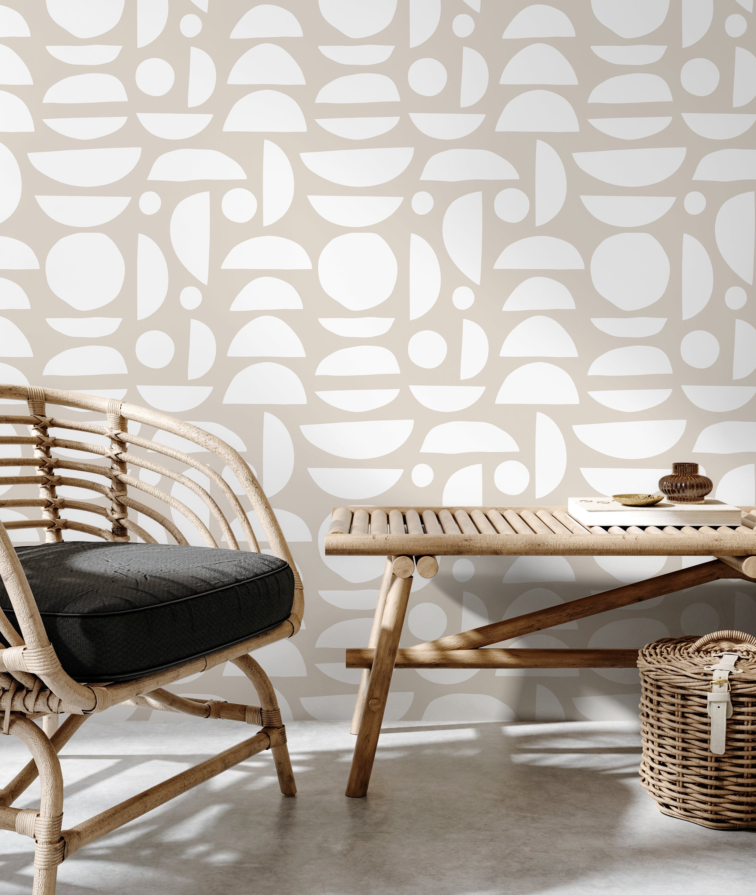 Abstract Wallpaper With Organic Semi-circle Shapes In Beige And White - D012