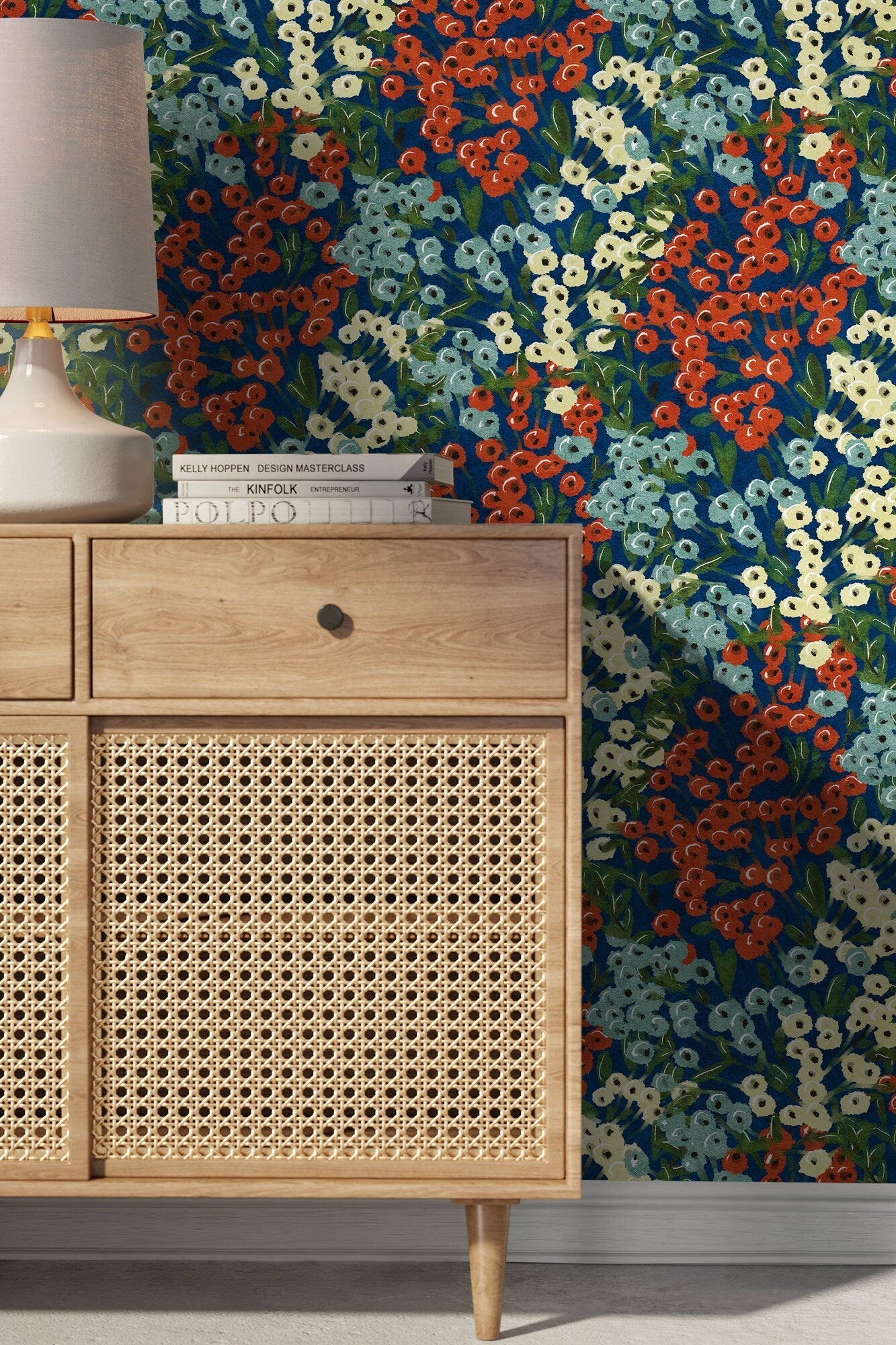 Floral Wallpaper With Painterly Wildflowers In Blue, Red, And Cream - D013