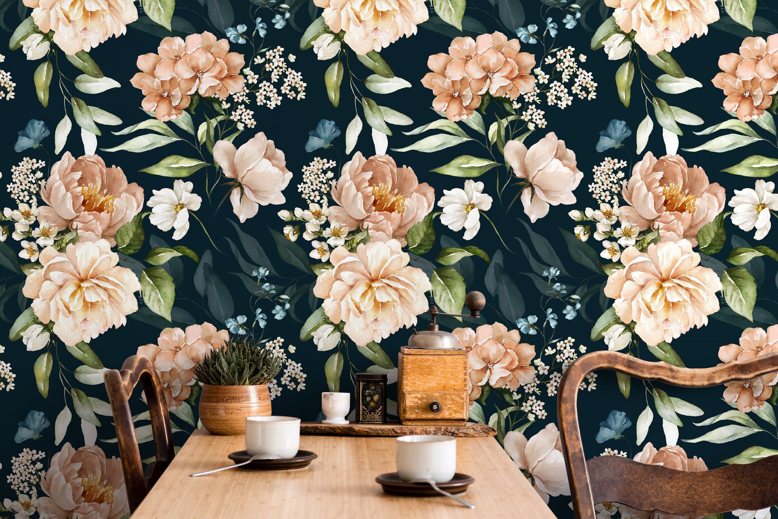 Floral Wallpaper With Vintage Peonies In Peach, Blue, And Green - D021