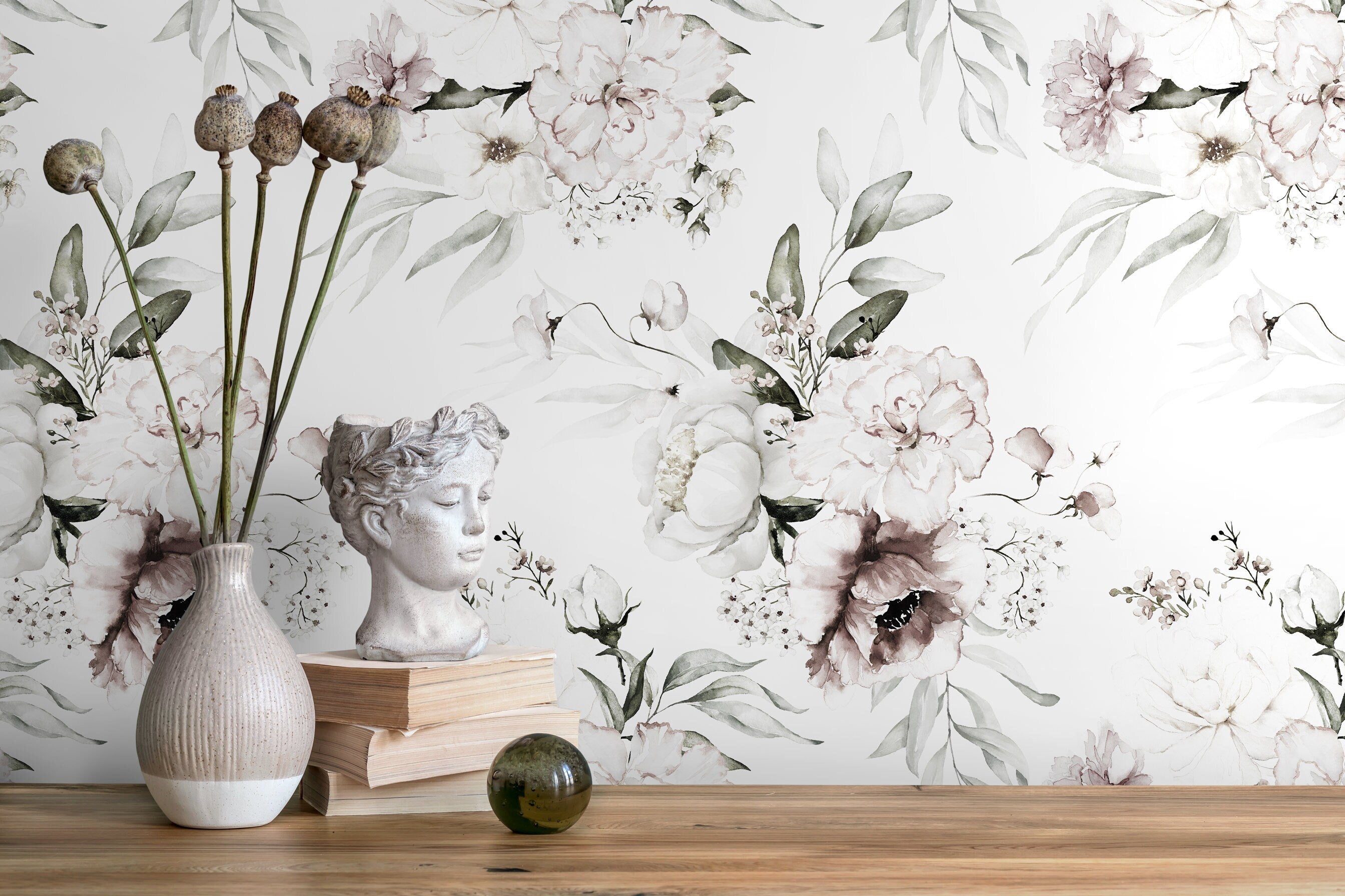 Floral Wallpaper Featuring Vintage Peony Blooms In Neutral, Mauve, And Green - D023