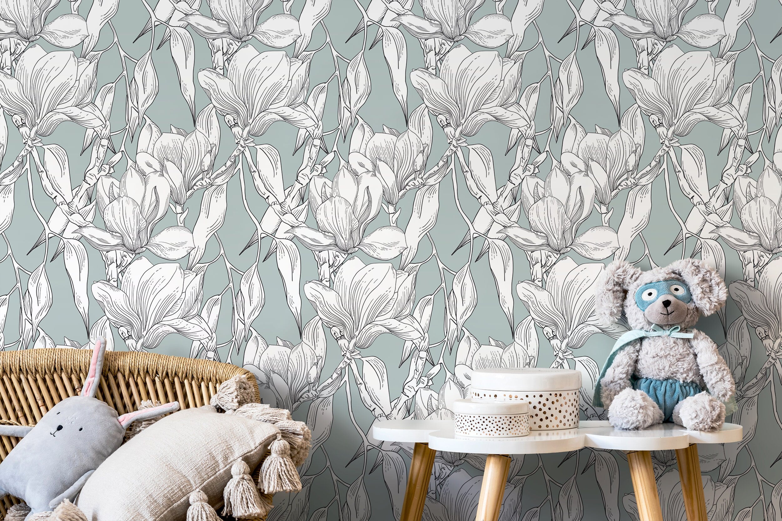Botanical Wallpaper With A Magnolia Line Art Motif In Sage Green And Black - D025