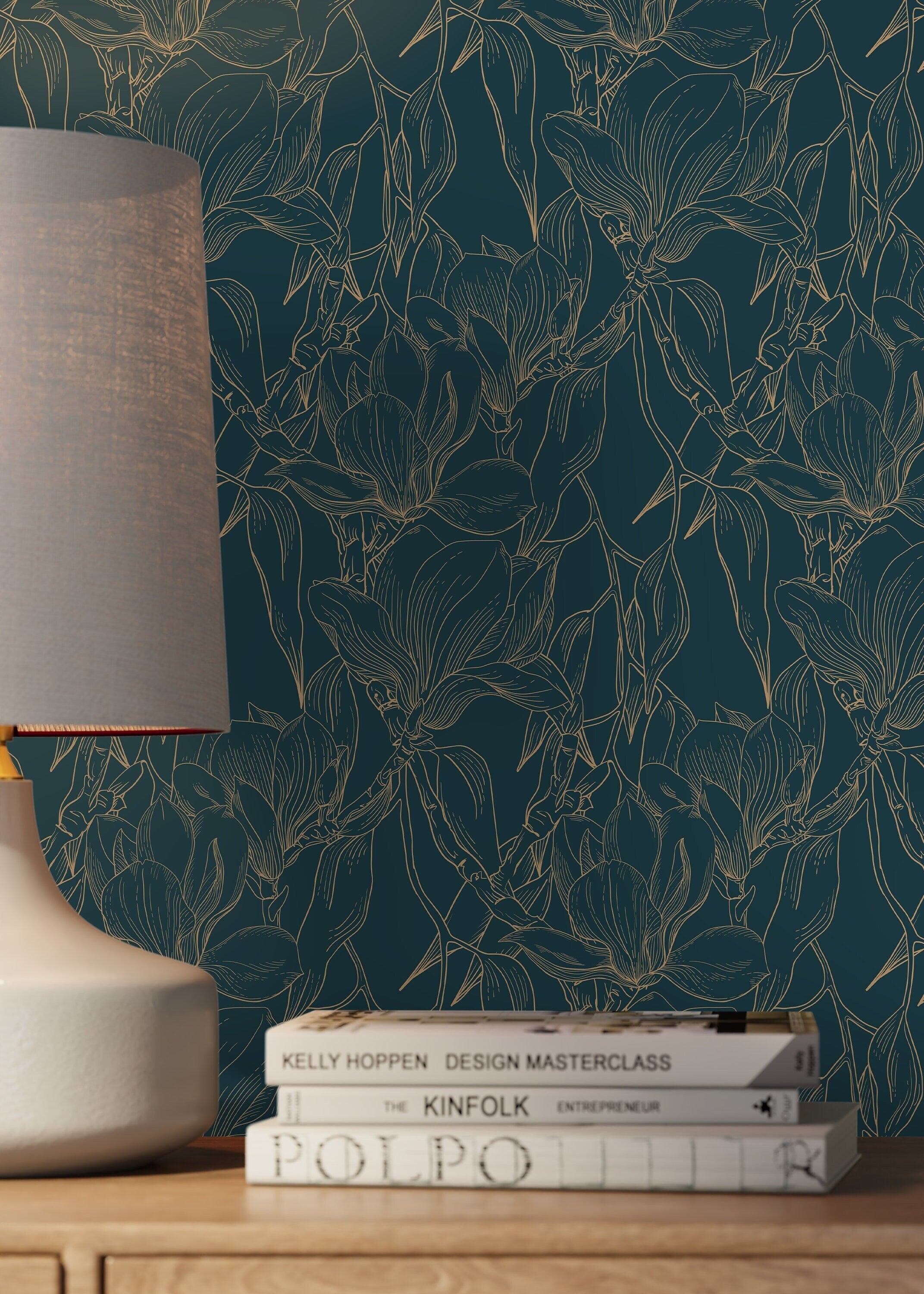 Floral Wallpaper With Elegant Magnolia Outlines In Teal And Gold - D027