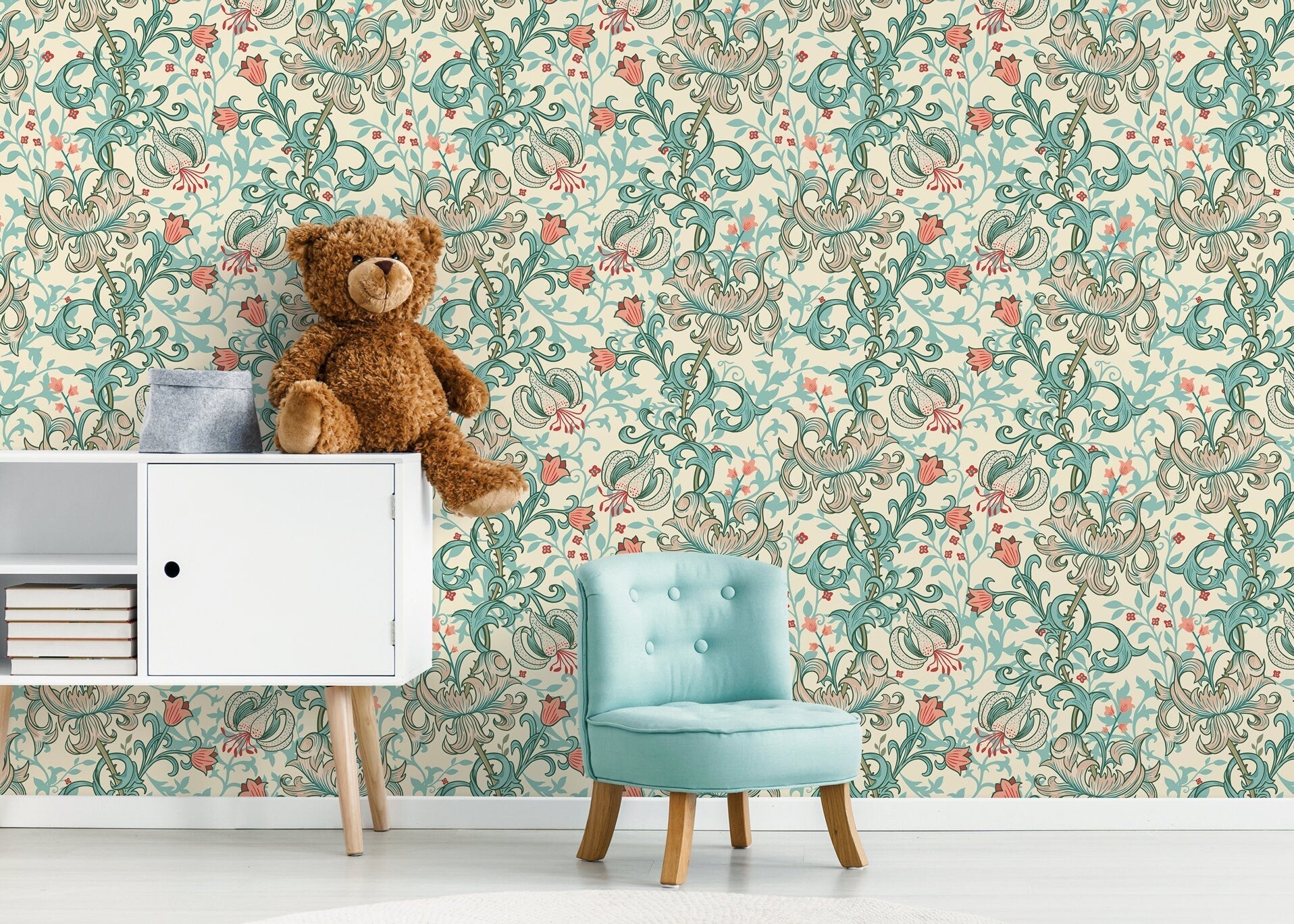William Morris Wallpaper With An Elegant Lily Motif In Teal And Coral - D030