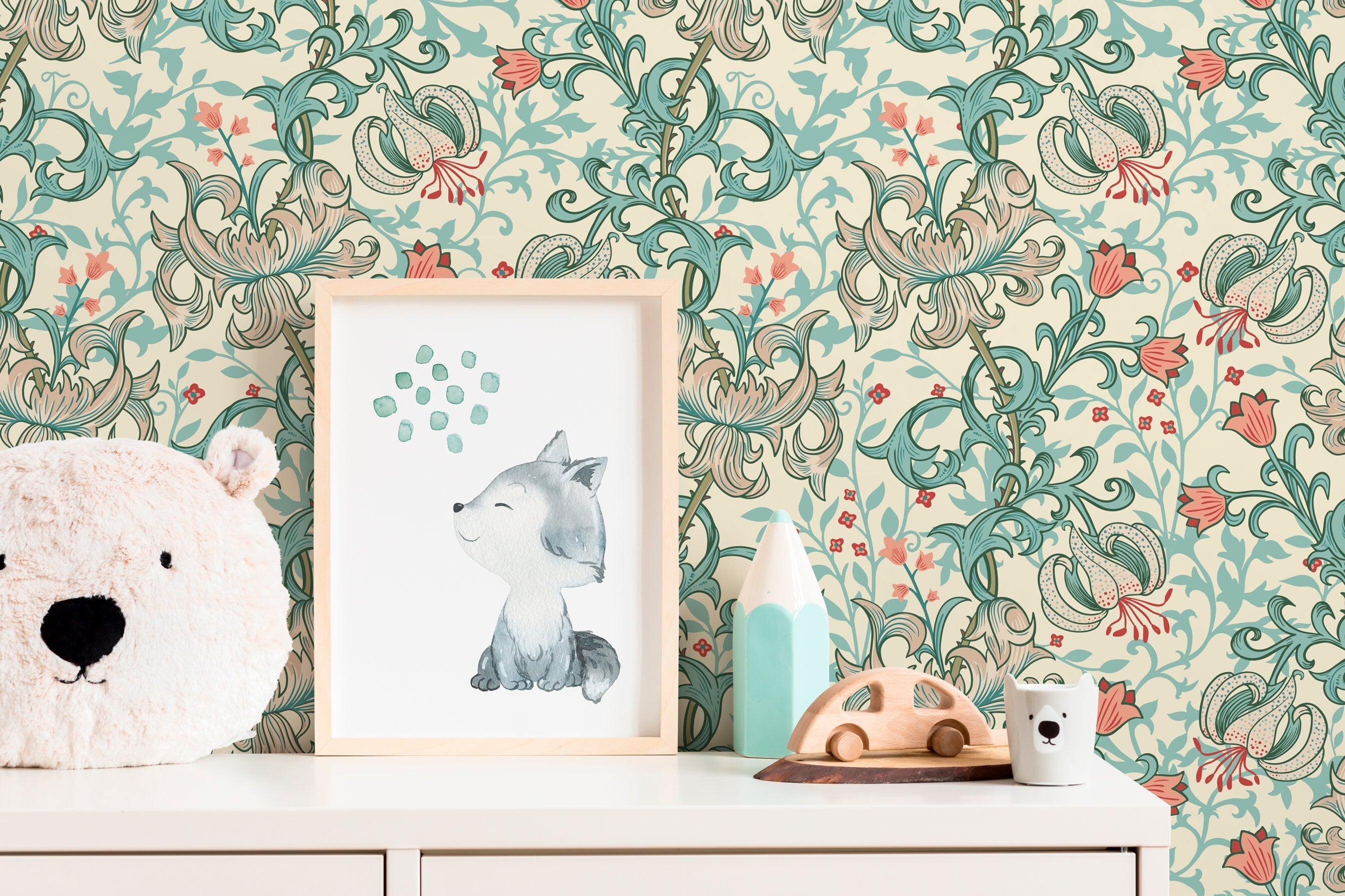 William Morris Wallpaper With An Elegant Lily Motif In Teal And Coral - D030