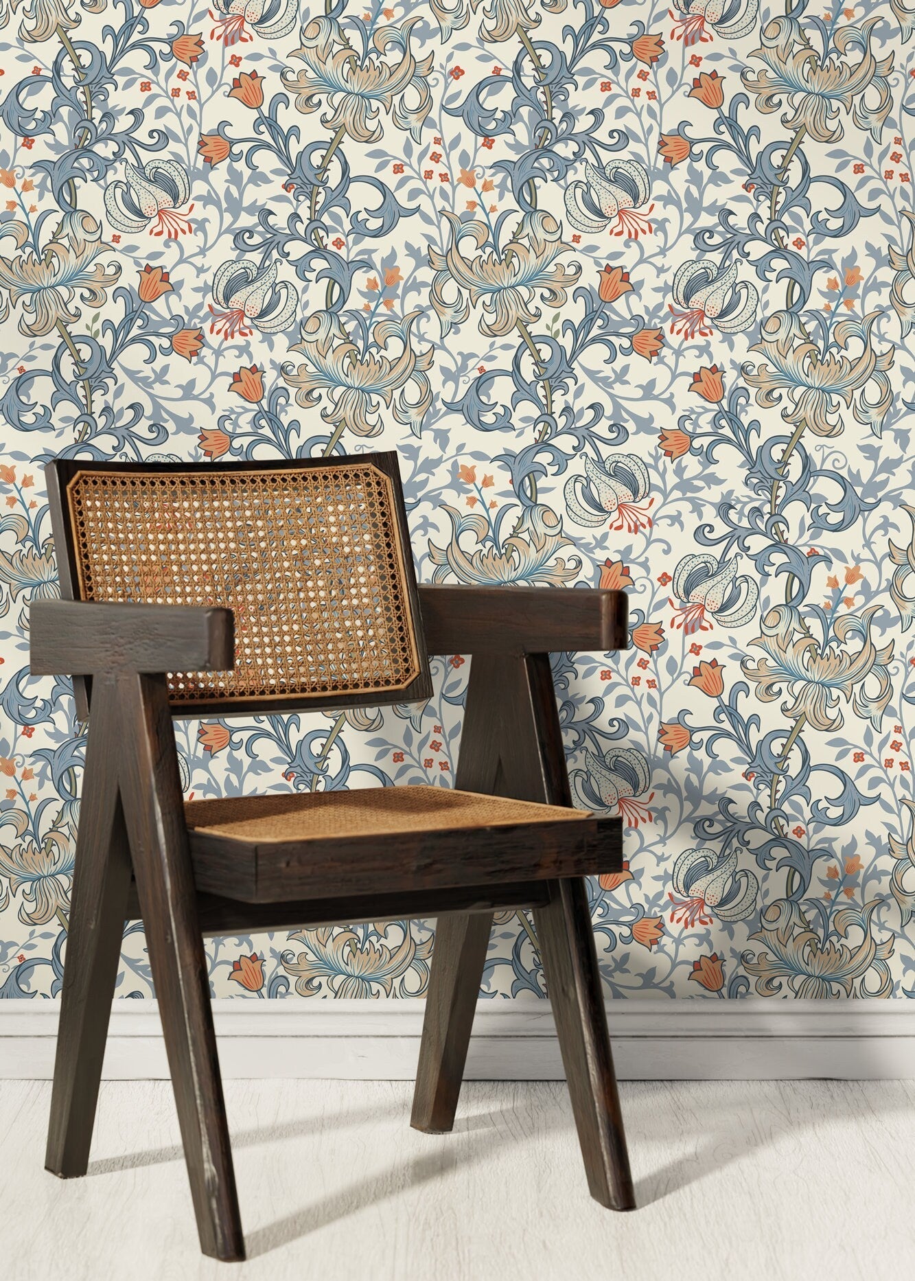 Floral Wallpaper With An Intricate Lily Motif In Blue, Orange, And Beige - D031