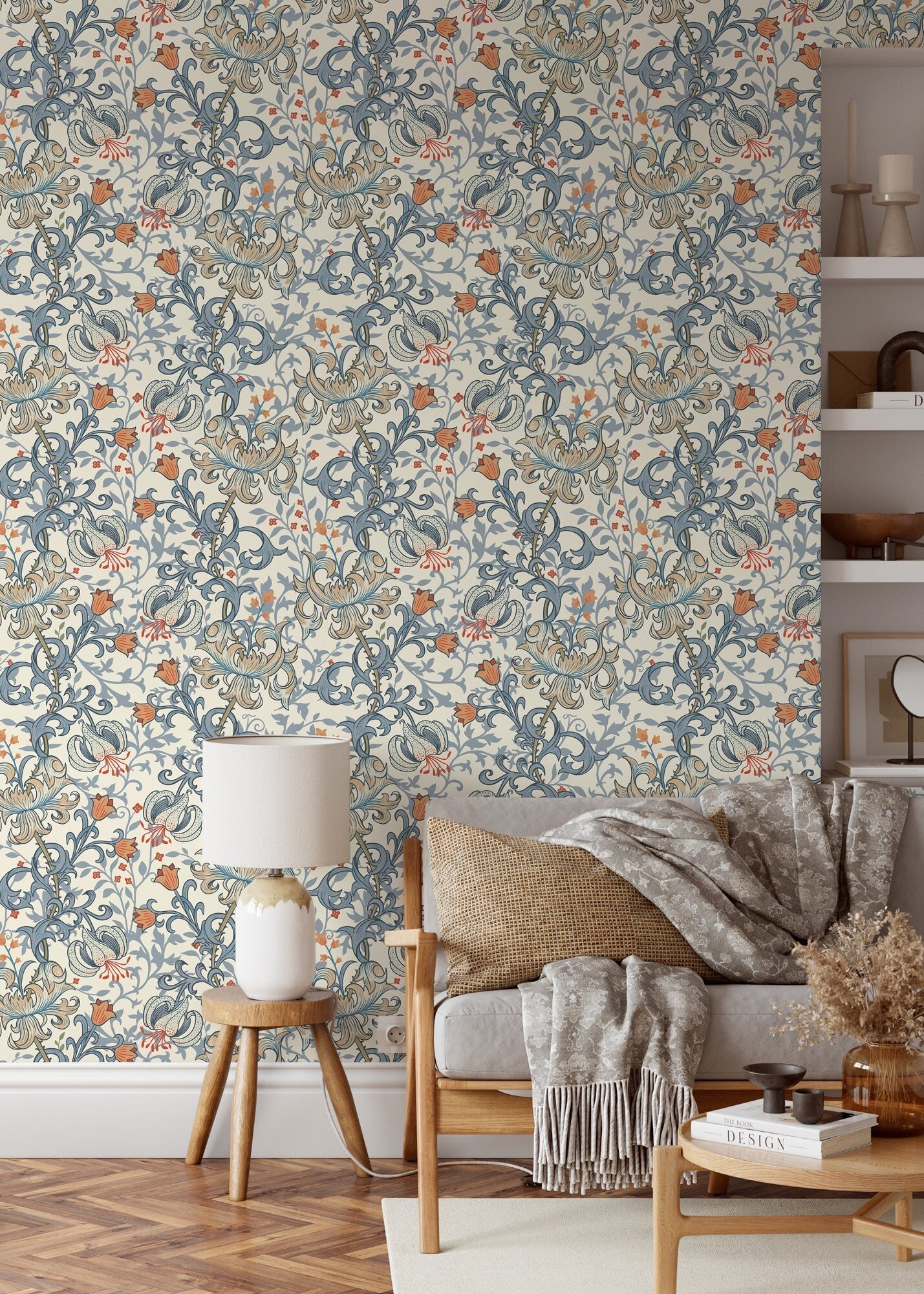 Floral Wallpaper With An Intricate Lily Motif In Blue, Orange, And Beige - D031