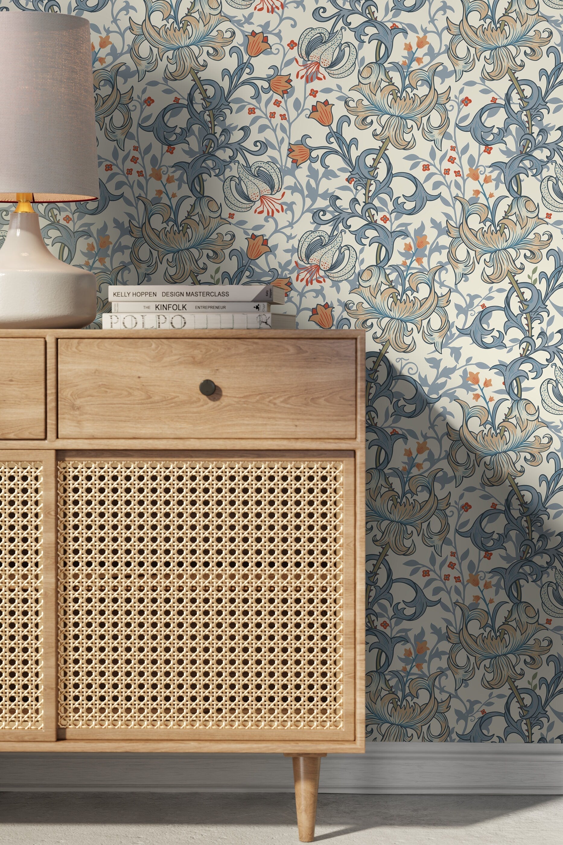 Floral Wallpaper With An Intricate Lily Motif In Blue, Orange, And Beige - D031