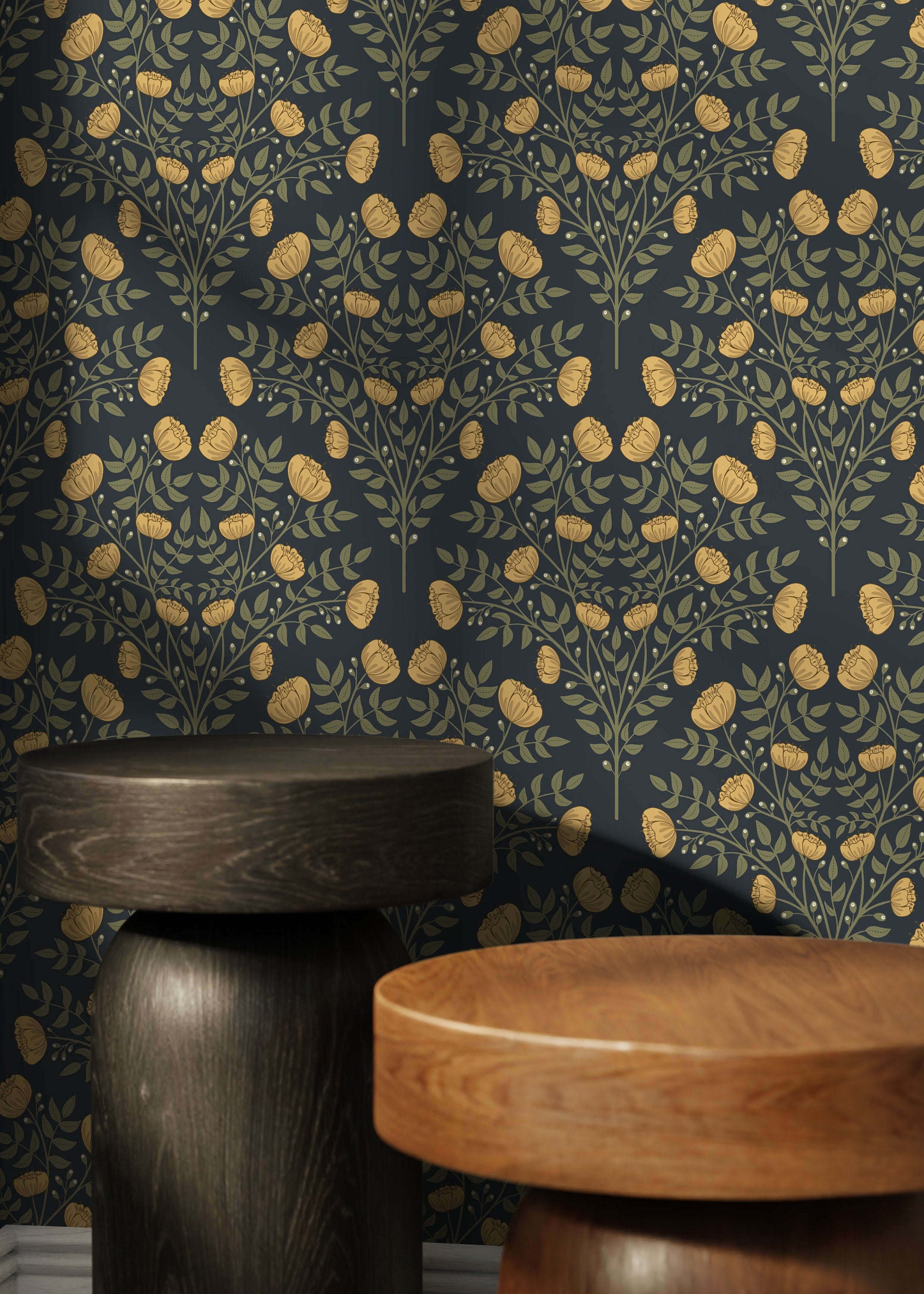 Art Nouveau Wallpaper With A Stylized Floral Motif In Dark Blue And Gold - D038