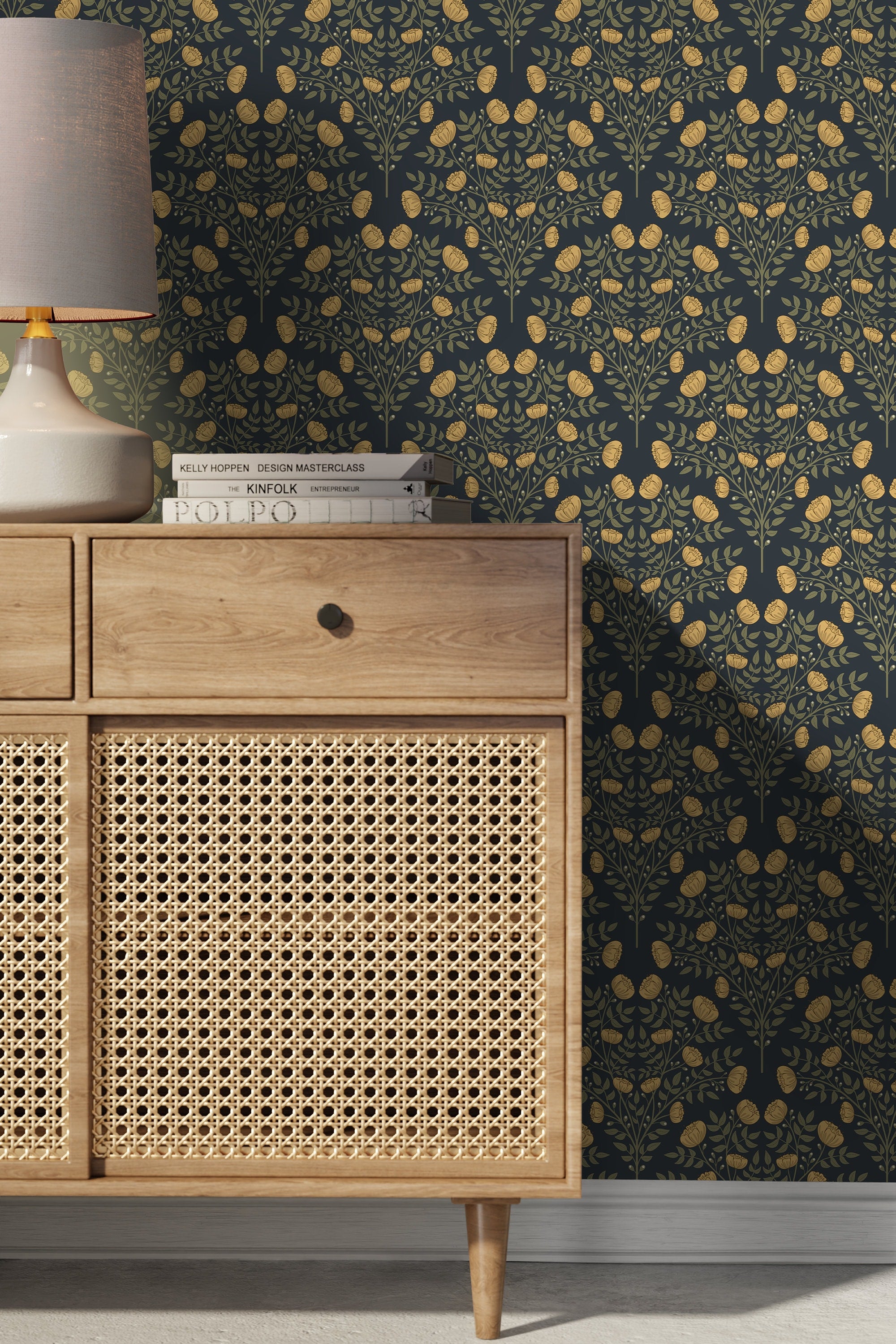 Art Nouveau Wallpaper With A Stylized Floral Motif In Dark Blue And Gold - D038