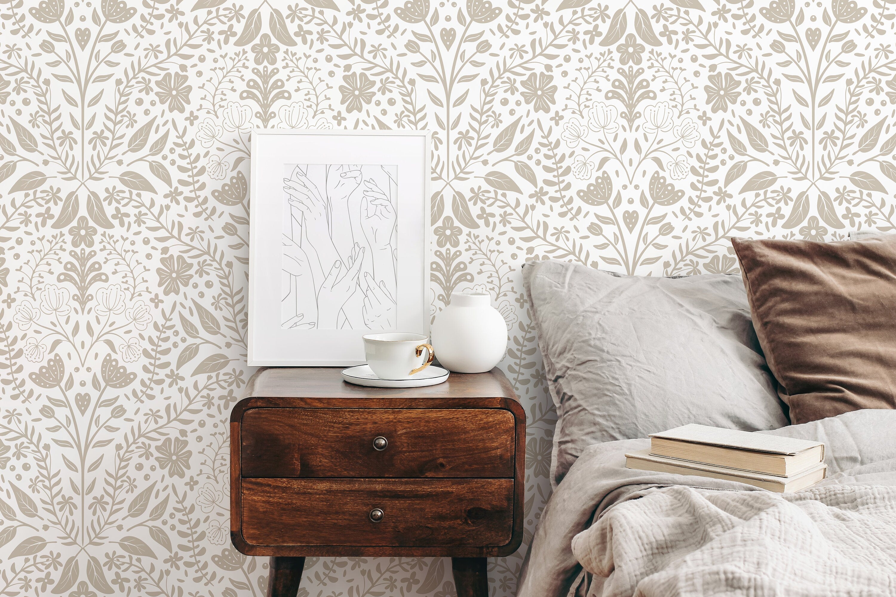 Floral Wallpaper With A Symmetrical Folk Art Motif In Neutral Beige - D039