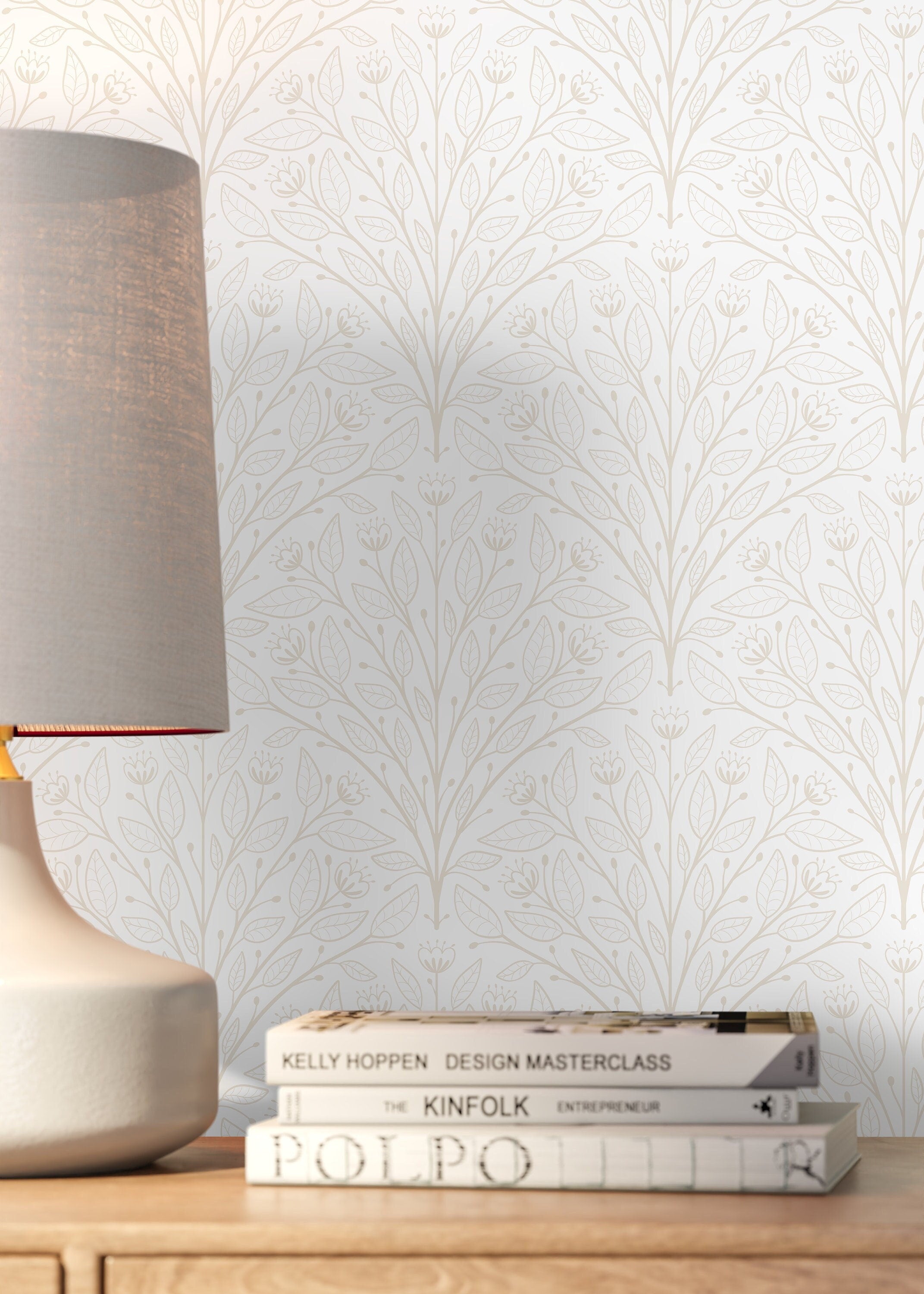 Botanical Wallpaper With A Symmetrical Vine Pattern In Beige - D042