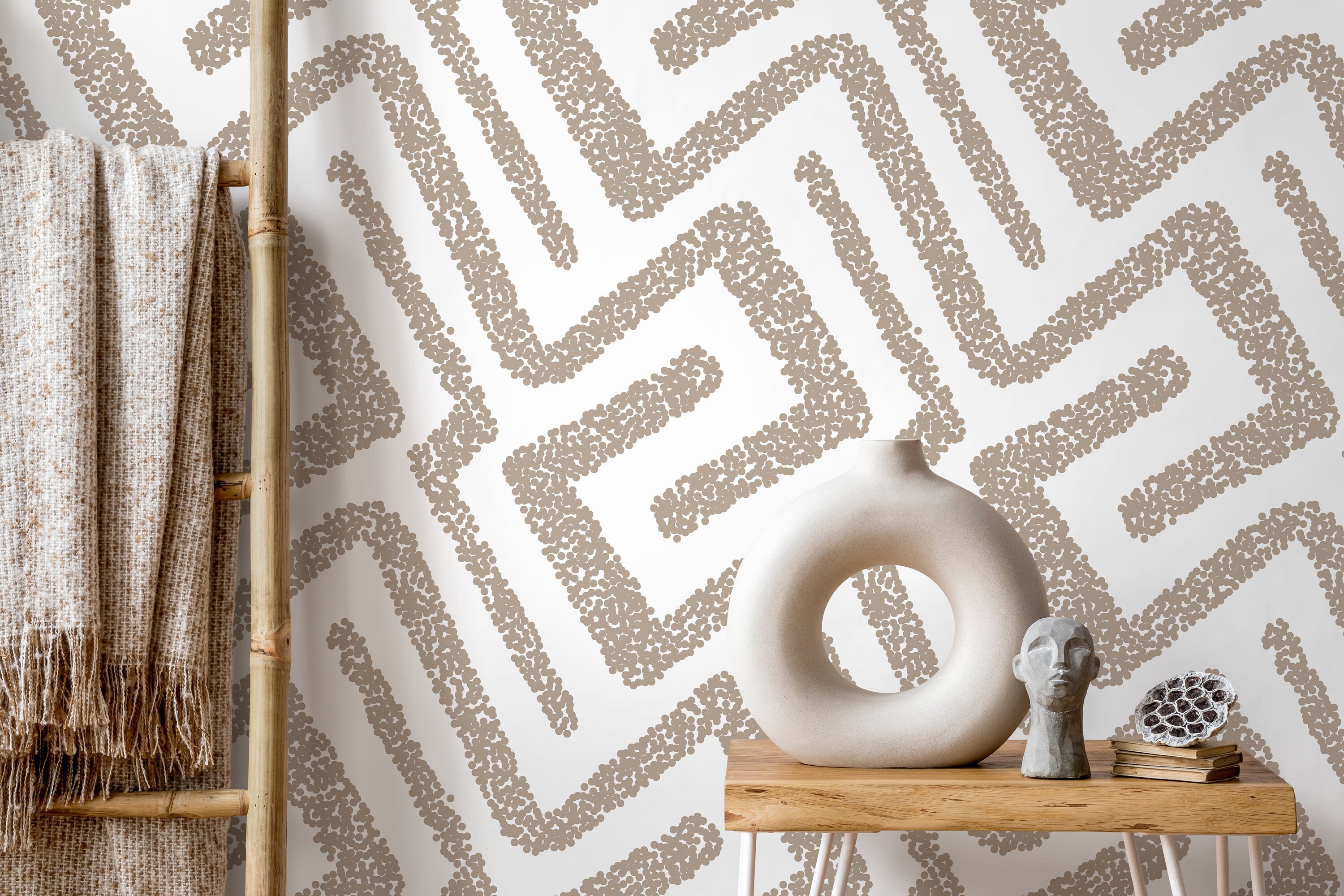 Abstract Wallpaper With A Dotted Labyrinth Motif In Beige - D045