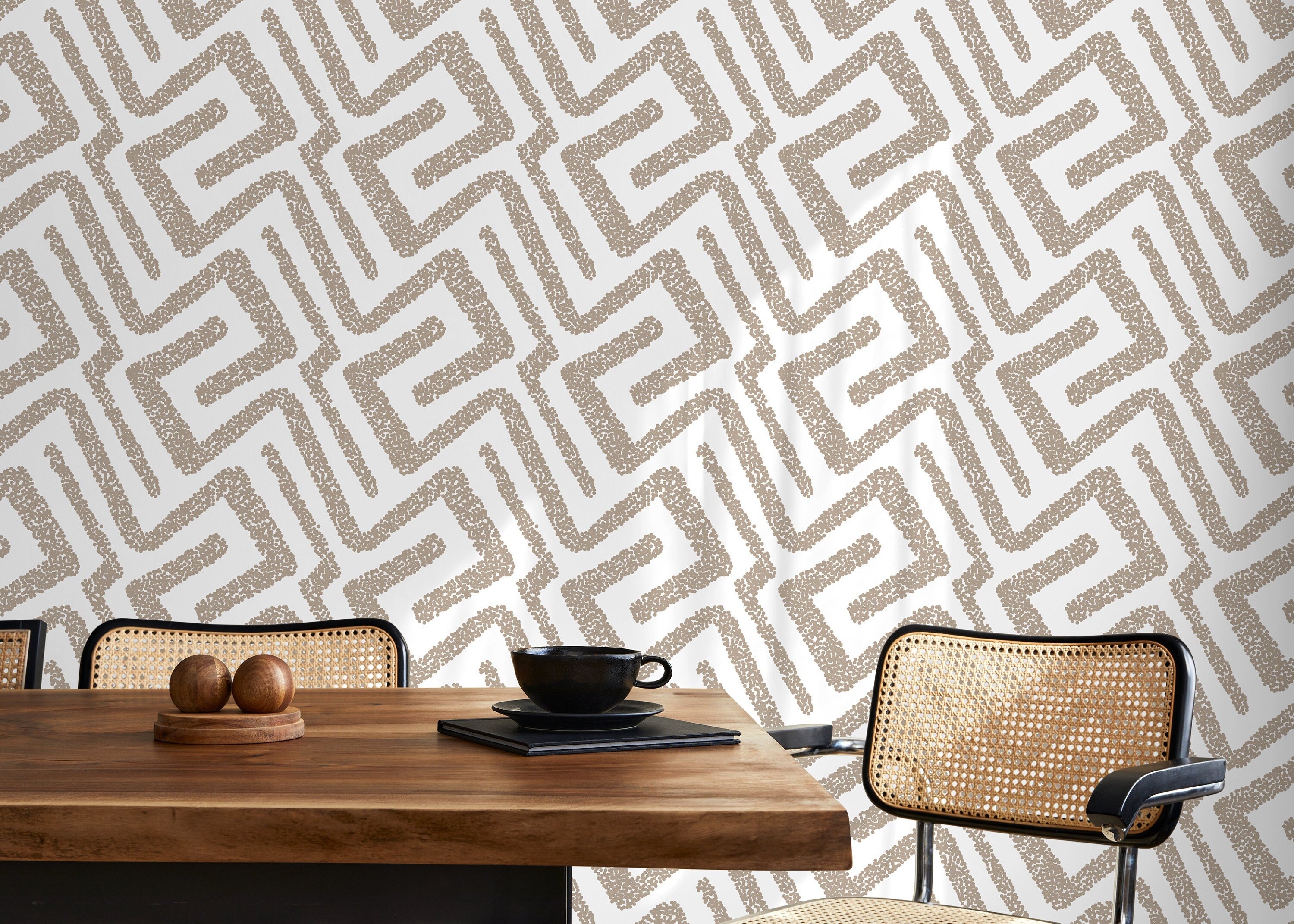 Abstract Wallpaper With A Dotted Labyrinth Motif In Beige - D045