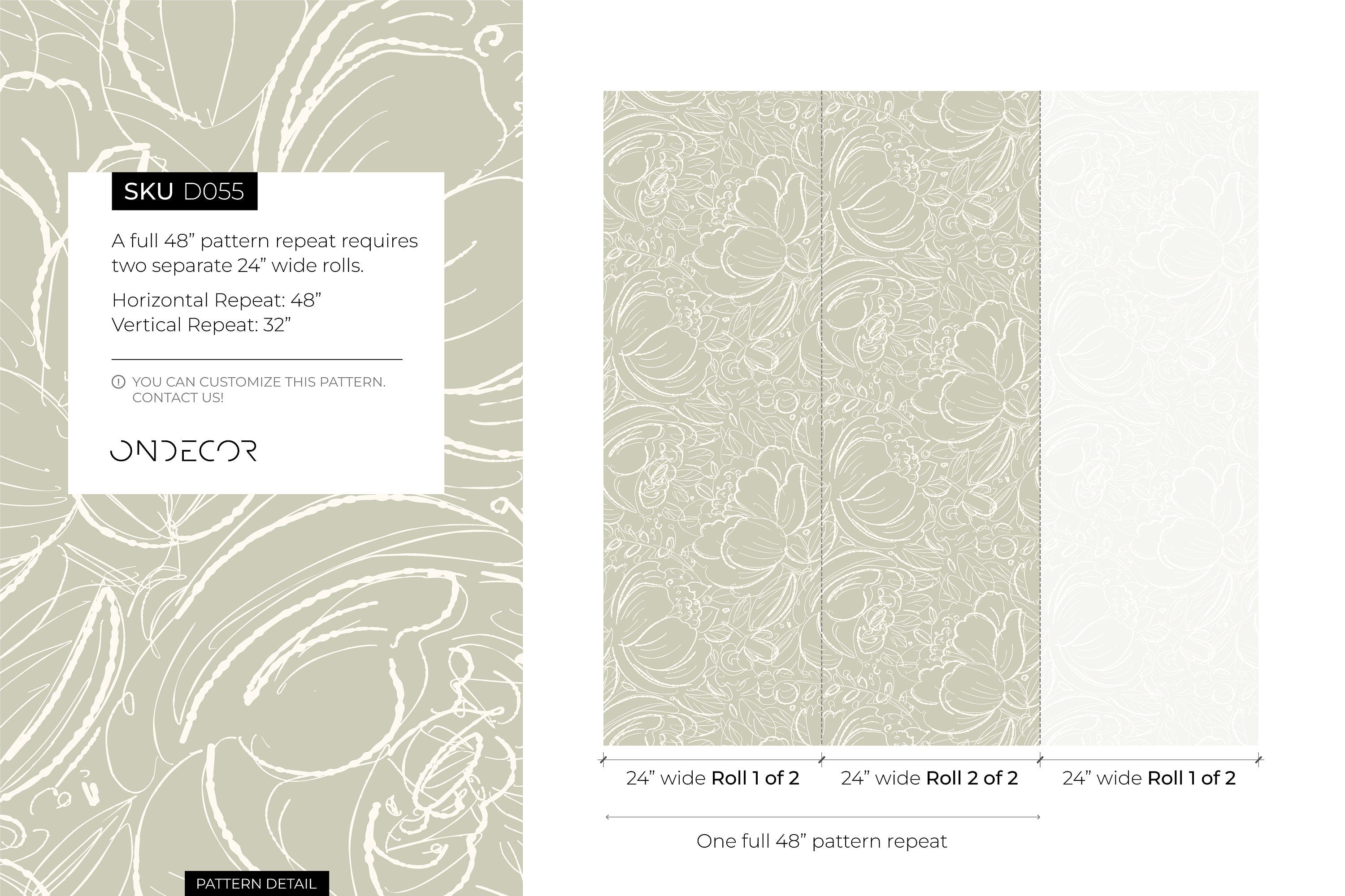 Floral Wallpaper With Scribbled Line Art In Sage Green And White - D055