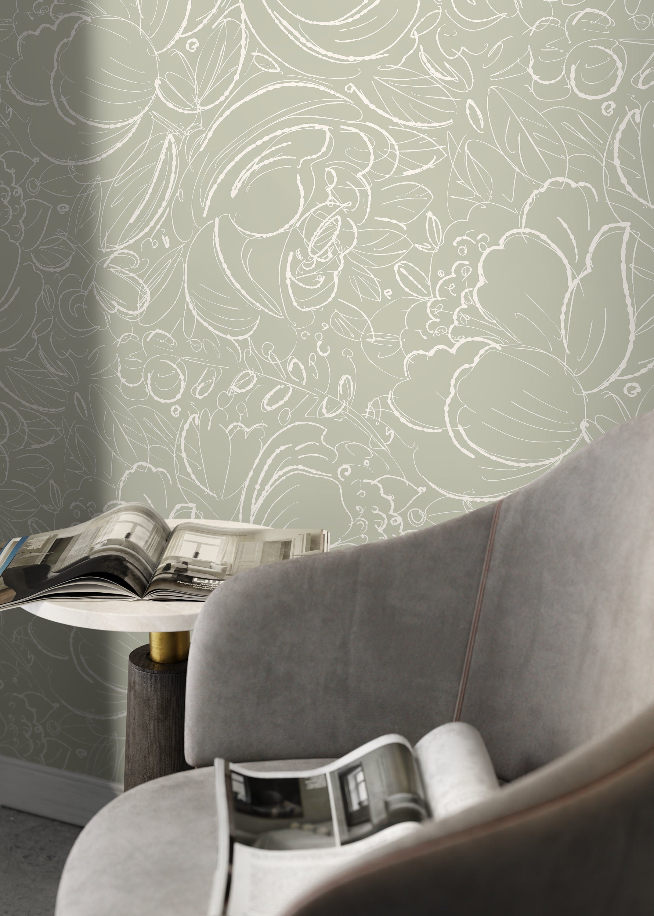 Floral Wallpaper With Scribbled Line Art In Sage Green And White - D055