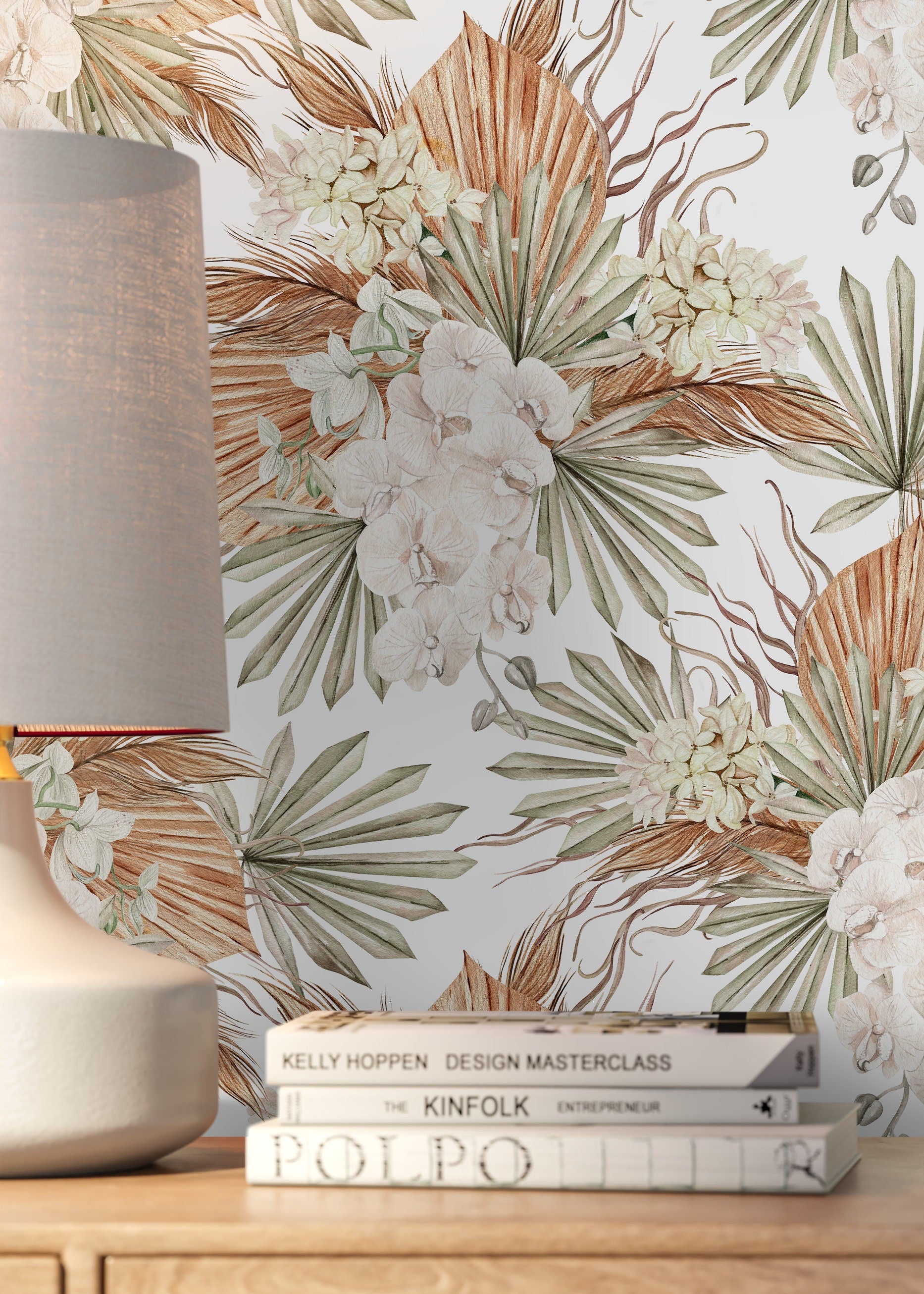 Boho Floral Wallpaper With Orchids And Dried Palms In Brown, Green, And Cream - D056