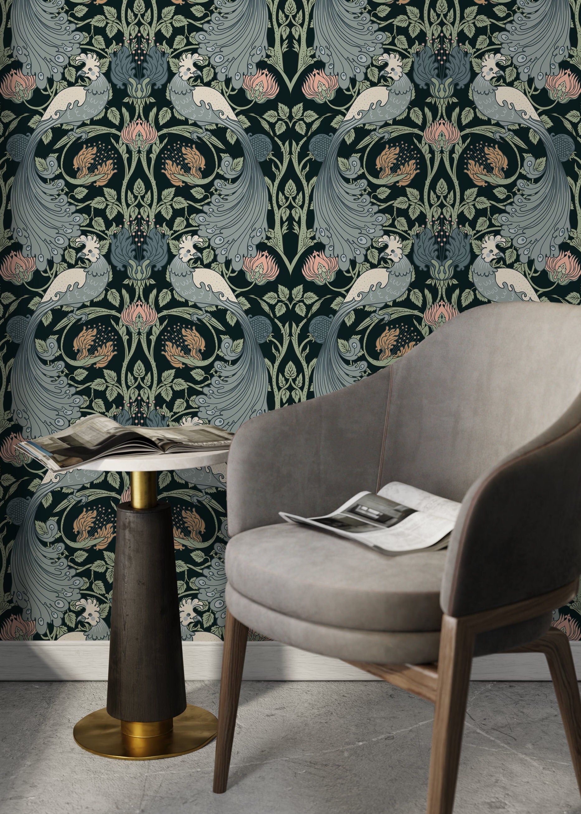 William Morris Wallpaper With A Bird And Vine Motif In Green, Blue, And Pink - D004