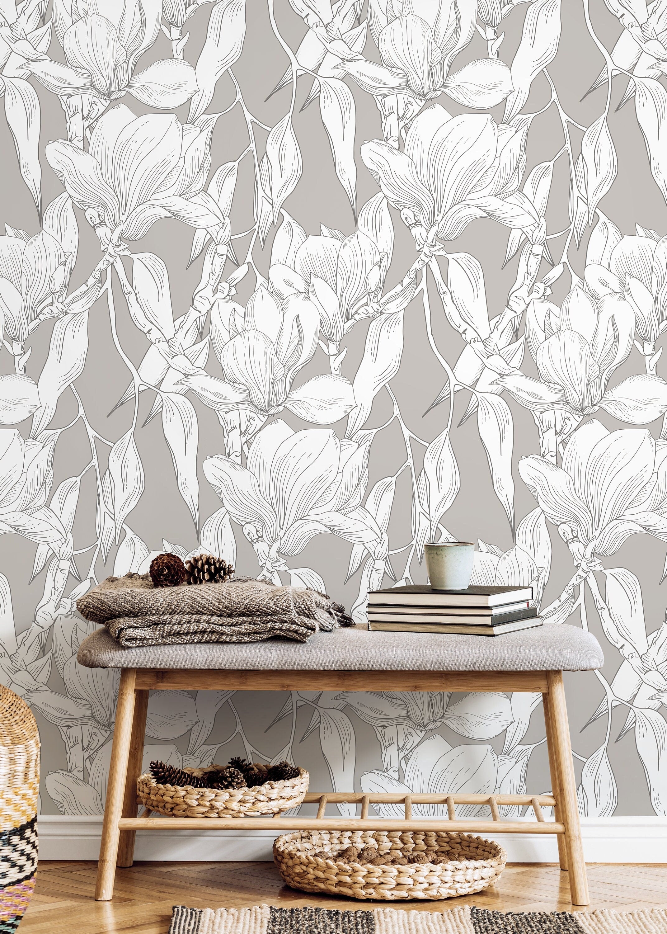 Floral Wallpaper Featuring Line Art Magnolias In Grey And White - D026