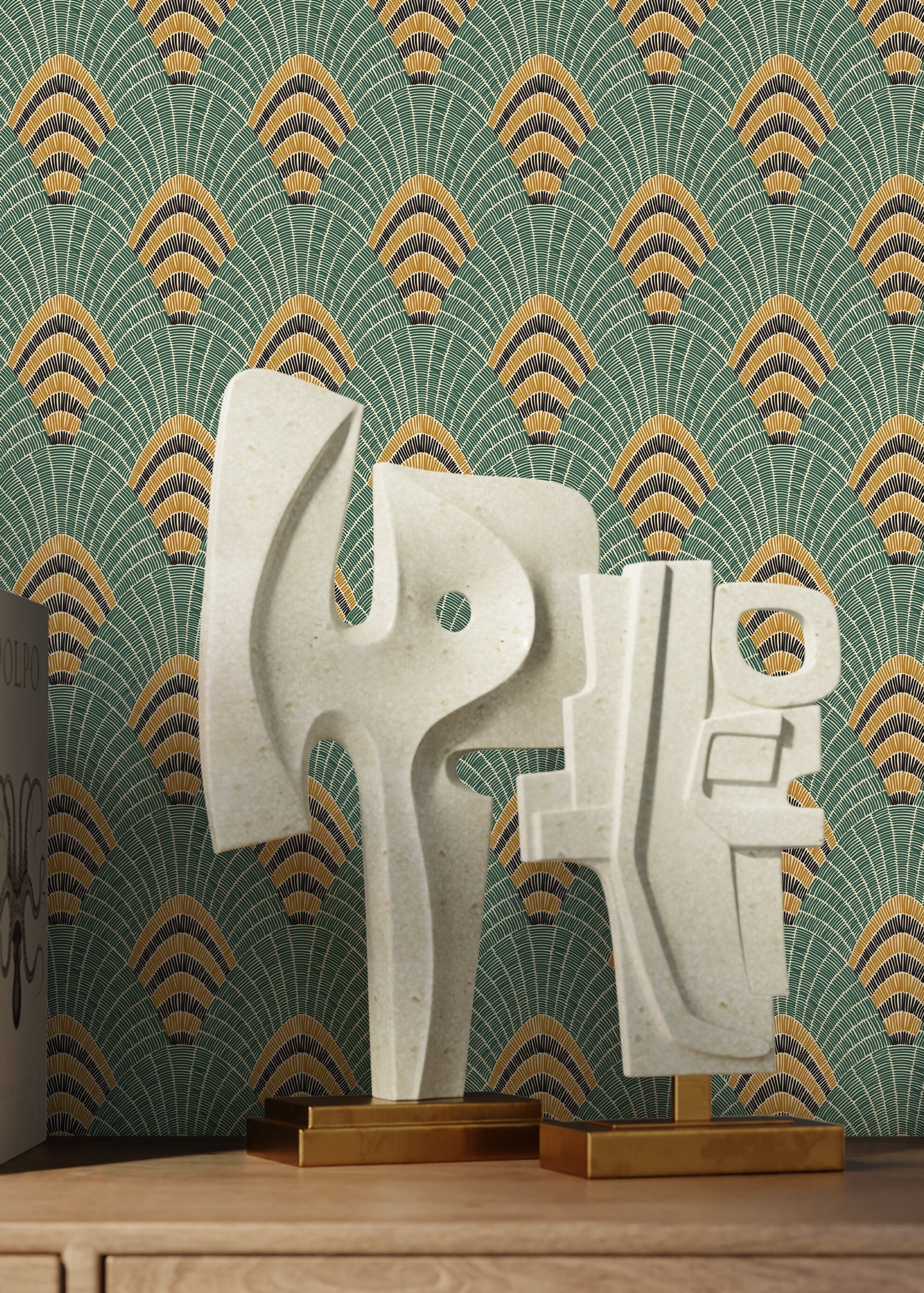 Art Deco Wallpaper With A Geometric Fan Motif In Green, Gold, And Black - D053