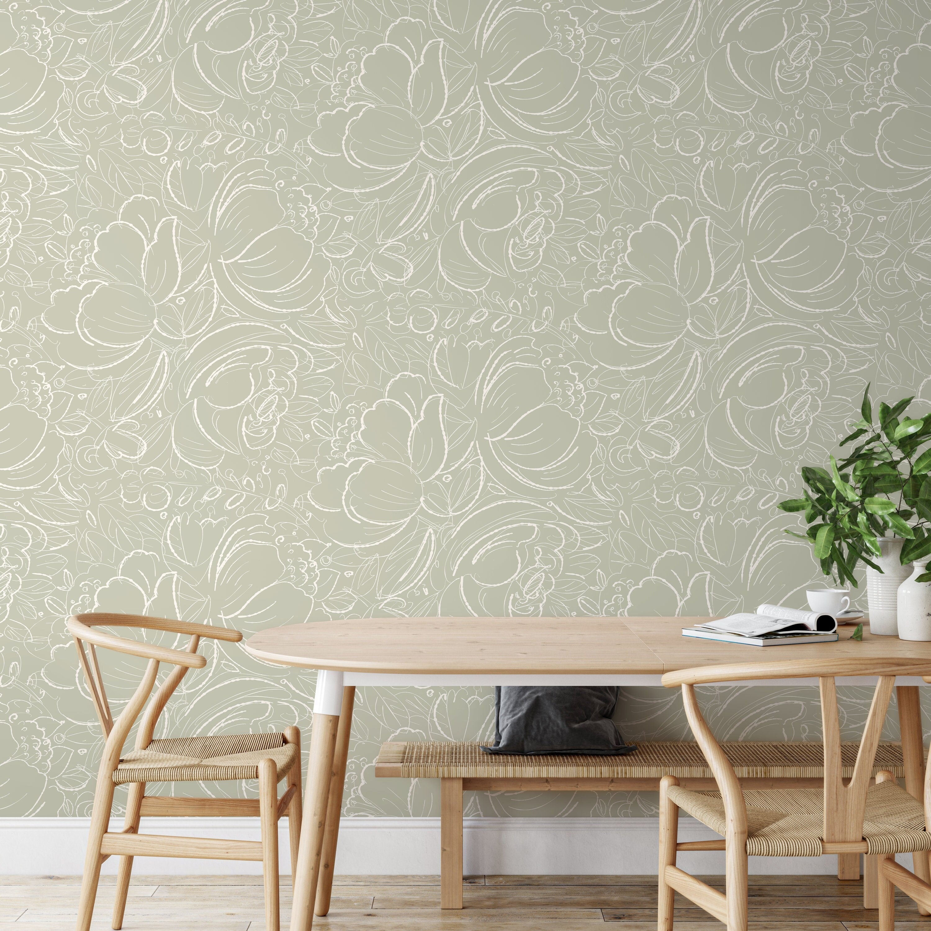 Floral Wallpaper With Scribbled Line Art In Sage Green And White - D055