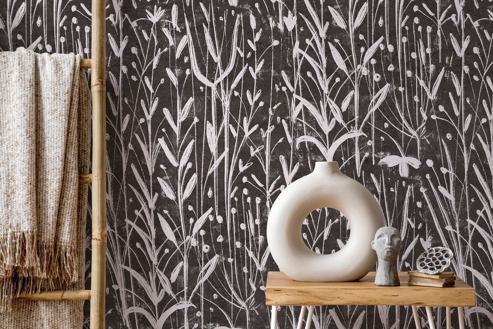 Boho Wallpaper With A Wildflower Sketch Motif In Charcoal And Off-white - D014