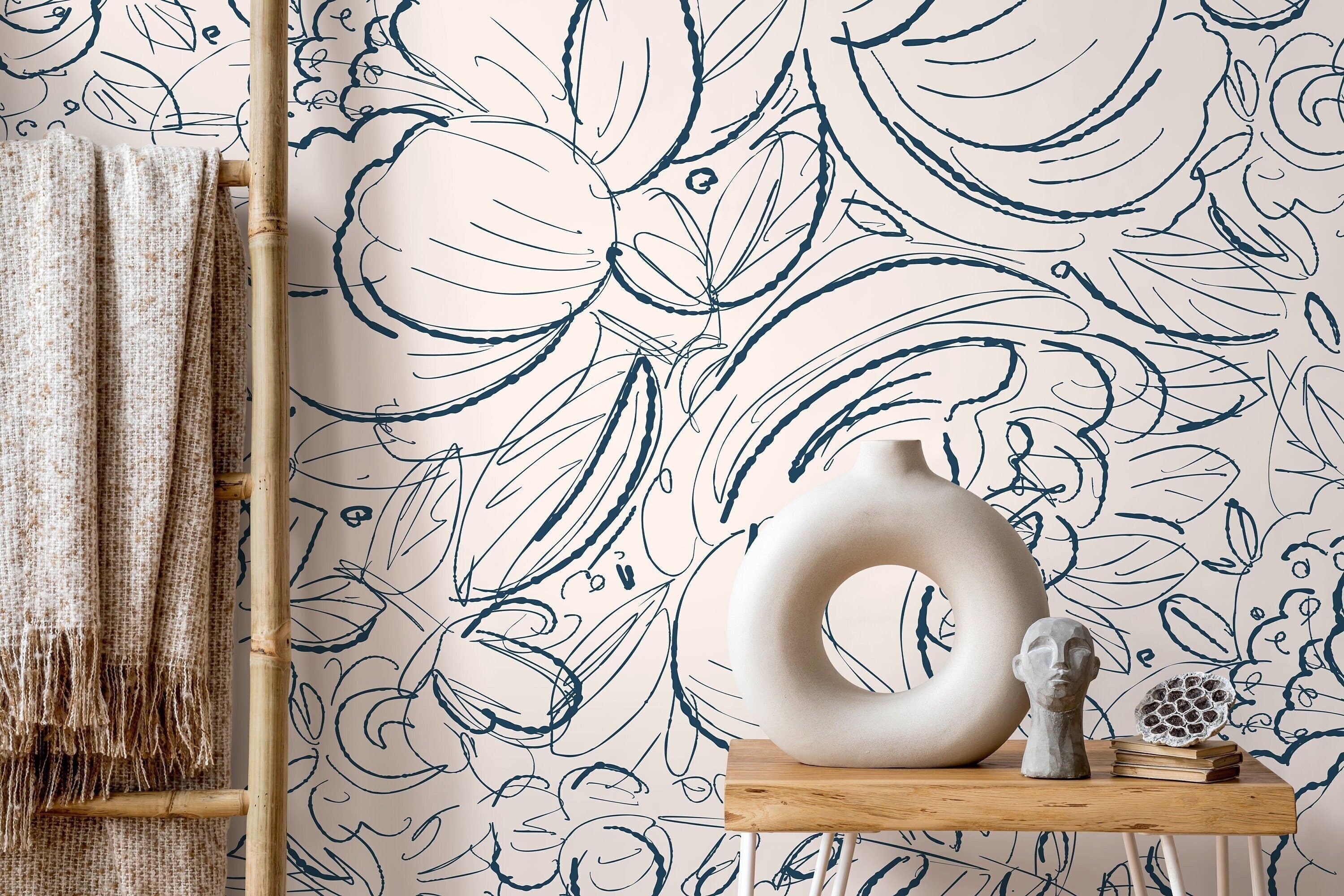 Boho Floral Wallpaper With A Hand-drawn Sketch In Navy Blue And Cream - D054