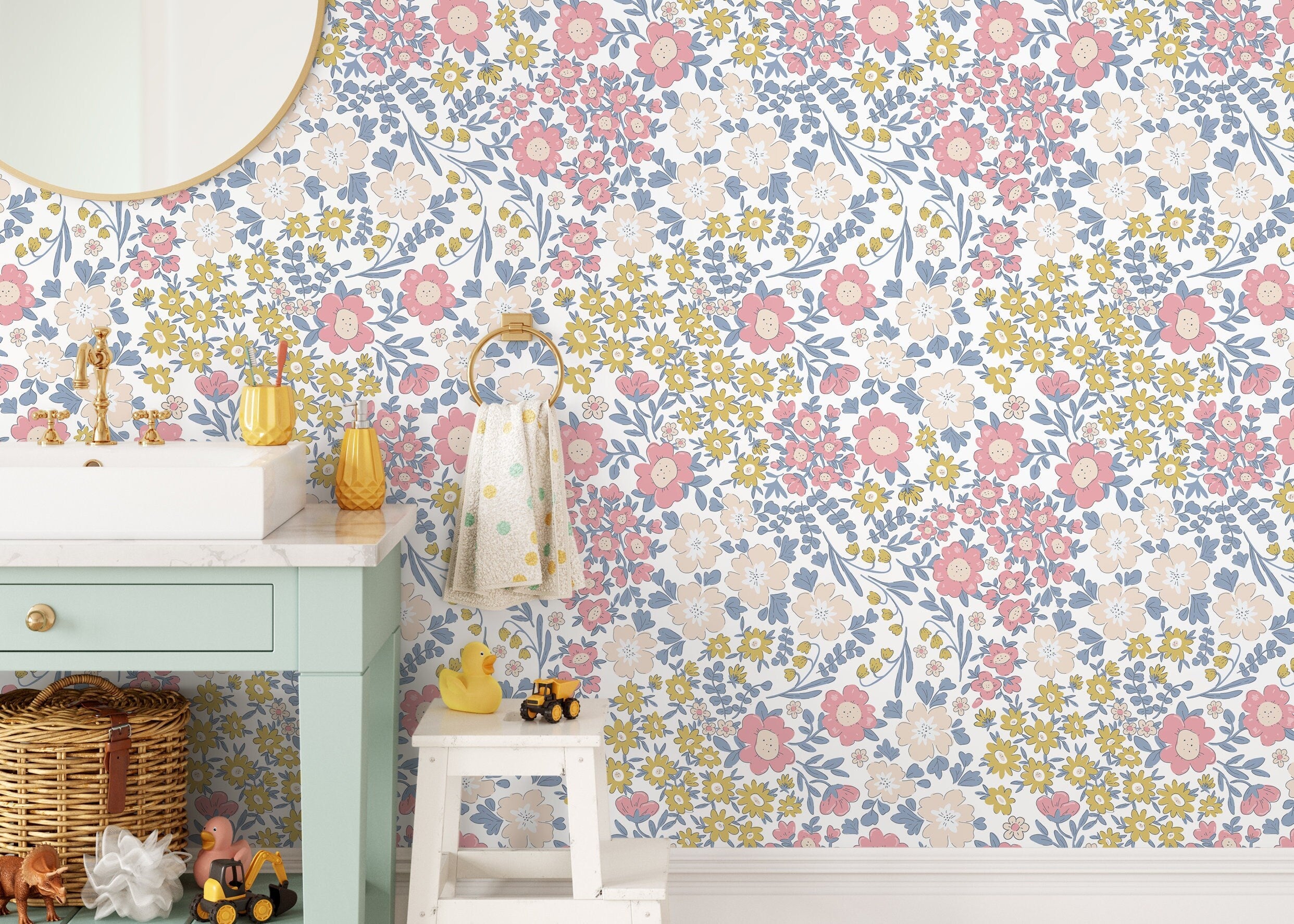 Floral Wallpaper With A Whimsical Garden Motif In Pink, Yellow, And Blue - D002