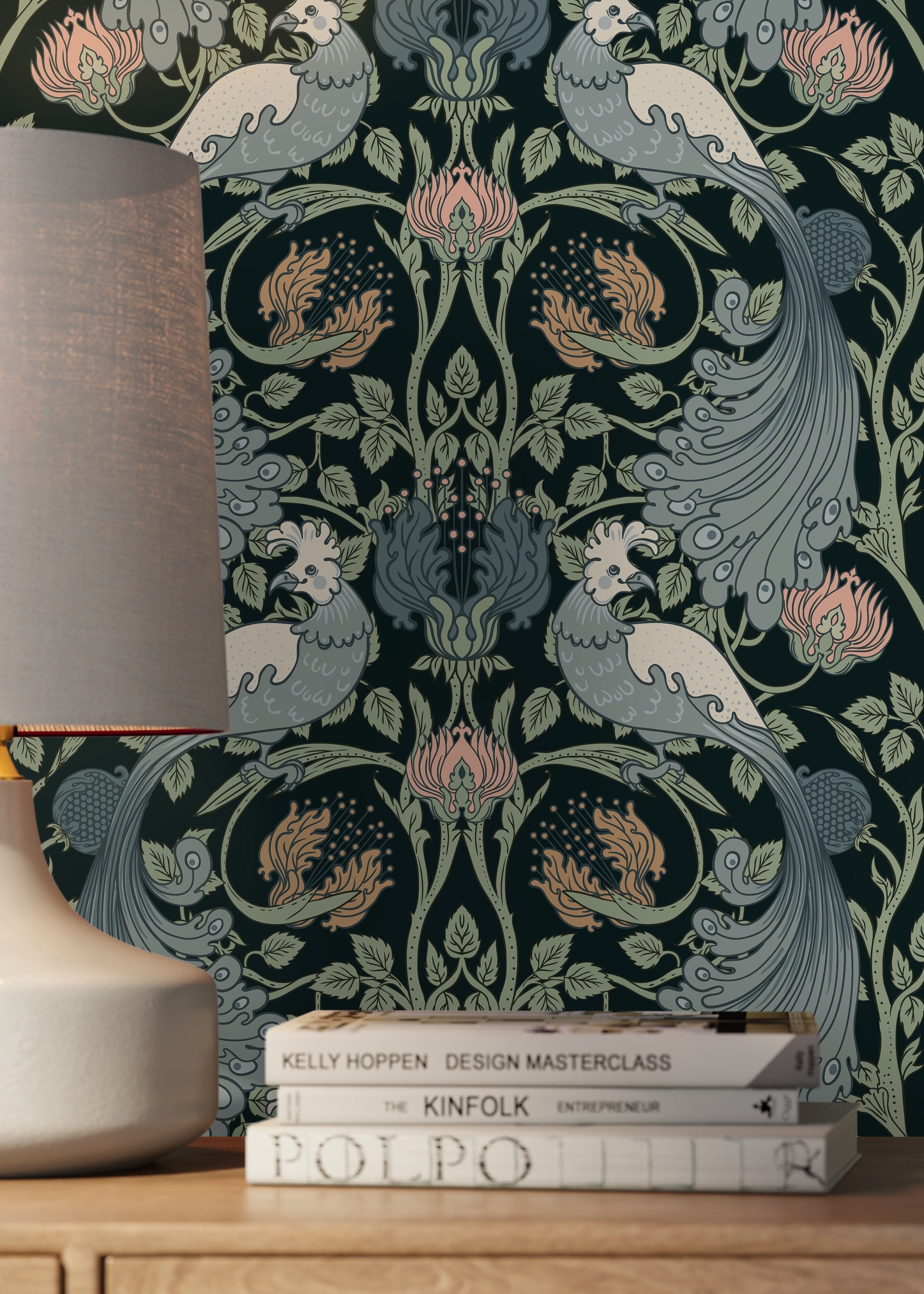 William Morris Wallpaper With A Bird And Vine Motif In Green, Blue, And Pink - D004
