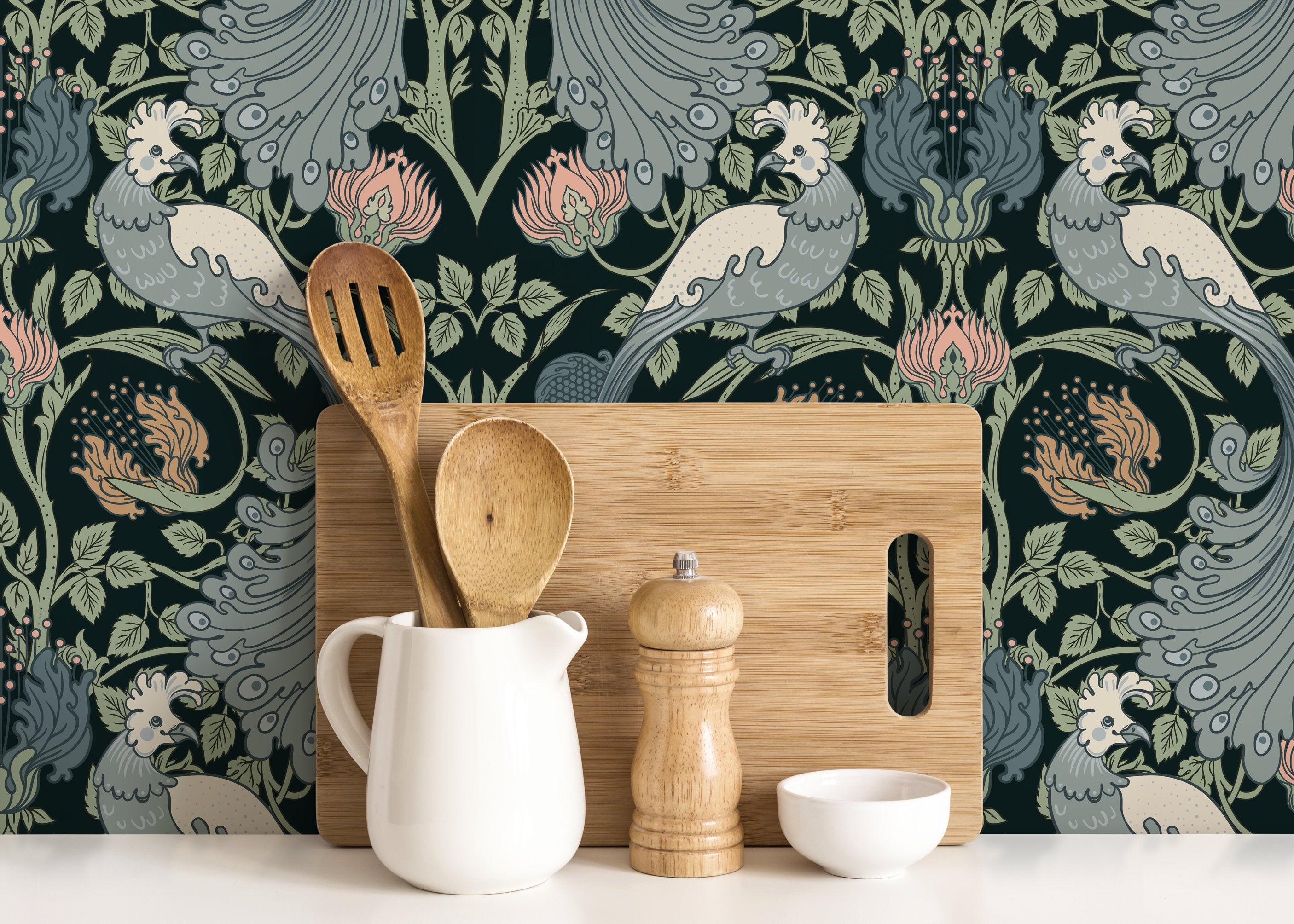 William Morris Wallpaper With A Bird And Vine Motif In Green, Blue, And Pink - D004