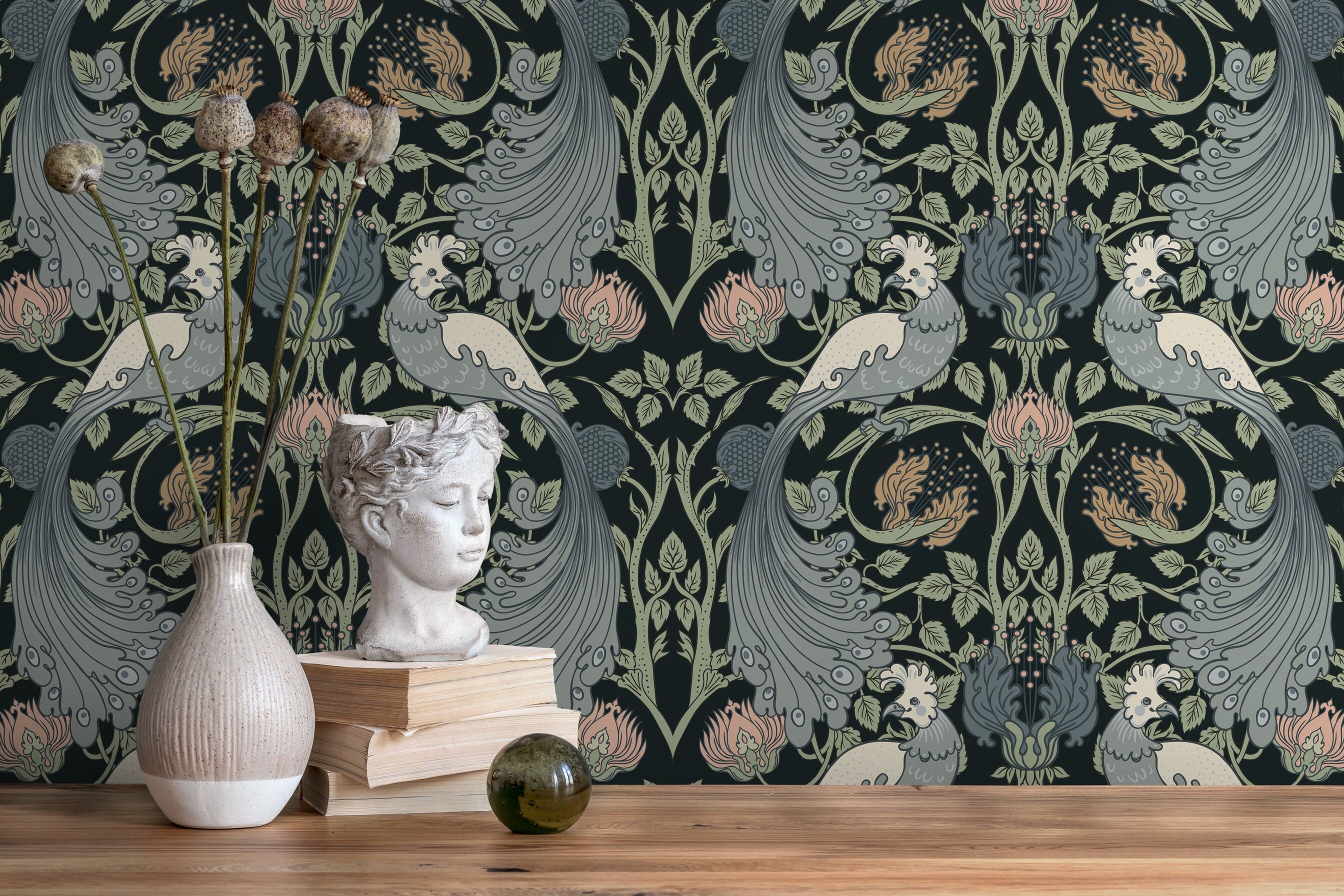 William Morris Wallpaper With A Bird And Vine Motif In Green, Blue, And Pink - D004