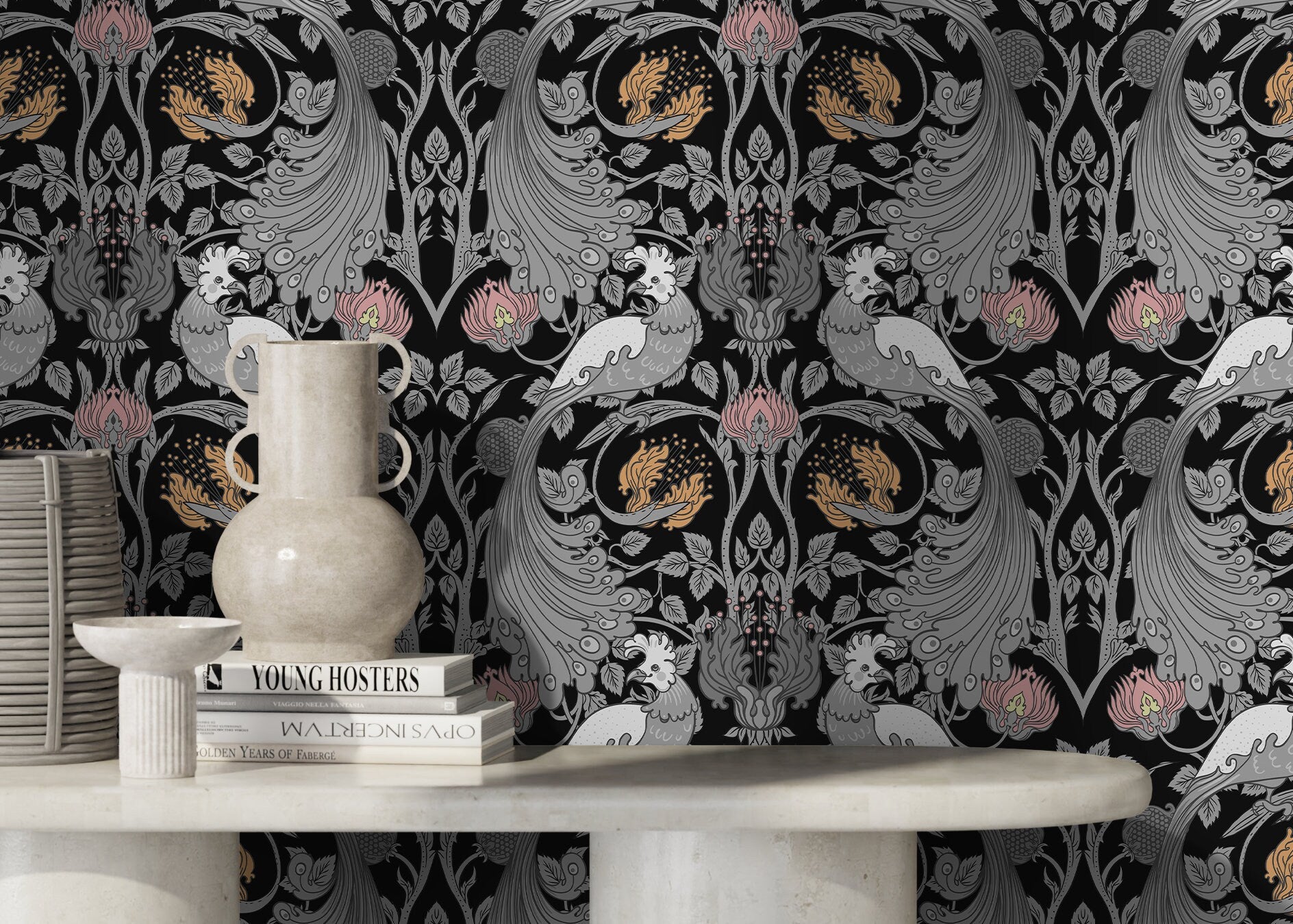 Arts And Crafts Wallpaper With A Bird And Pomegranate Motif In Gray, Pink, And Gold - D005