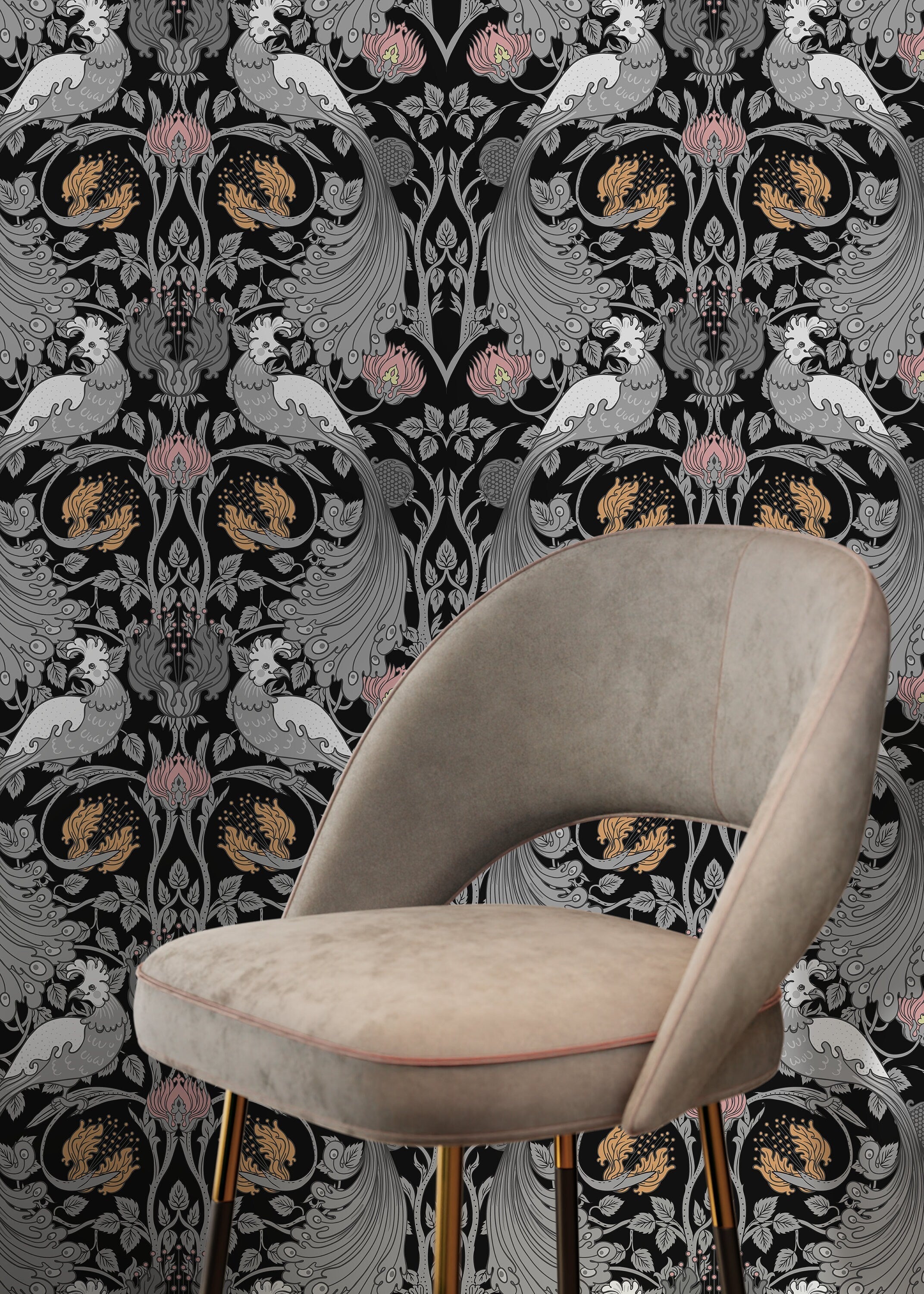 Arts And Crafts Wallpaper With A Bird And Pomegranate Motif In Gray, Pink, And Gold - D005