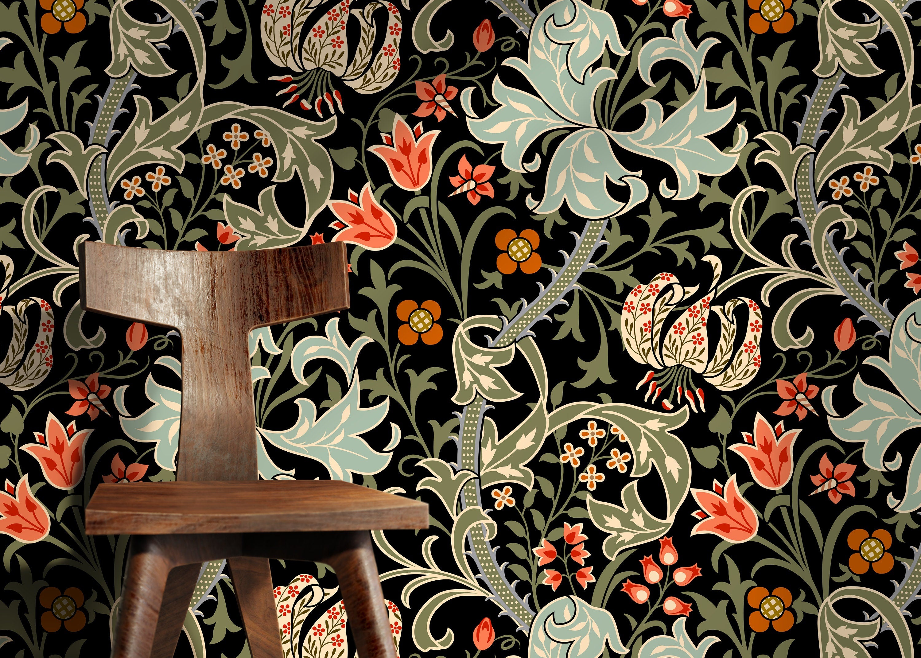 Vintage Floral Wallpaper With A Lily And Tulip Motif In Teal And Coral - D006