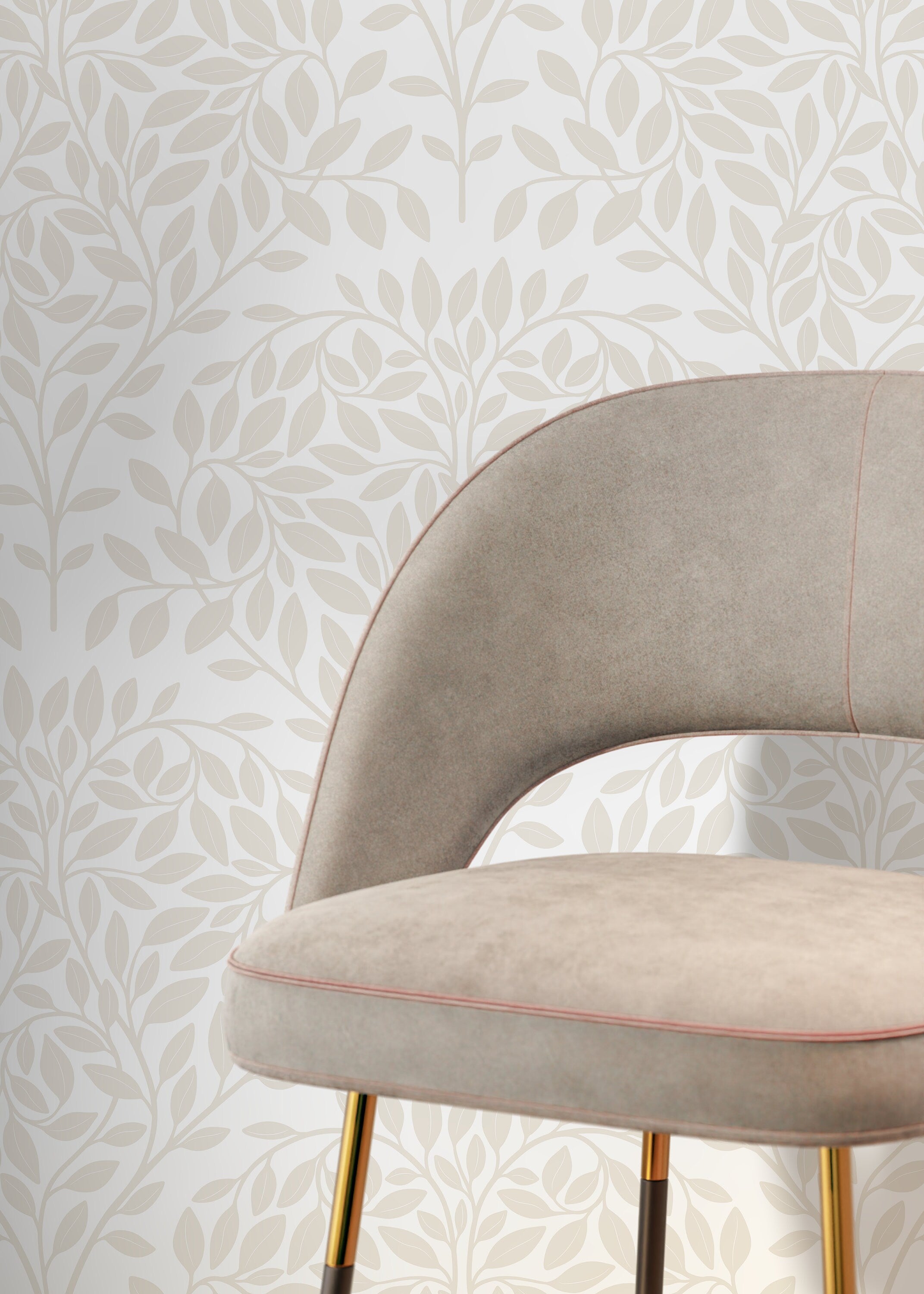 Botanical Wallpaper With Serene Leafy Branches In Neutral Beige - D034