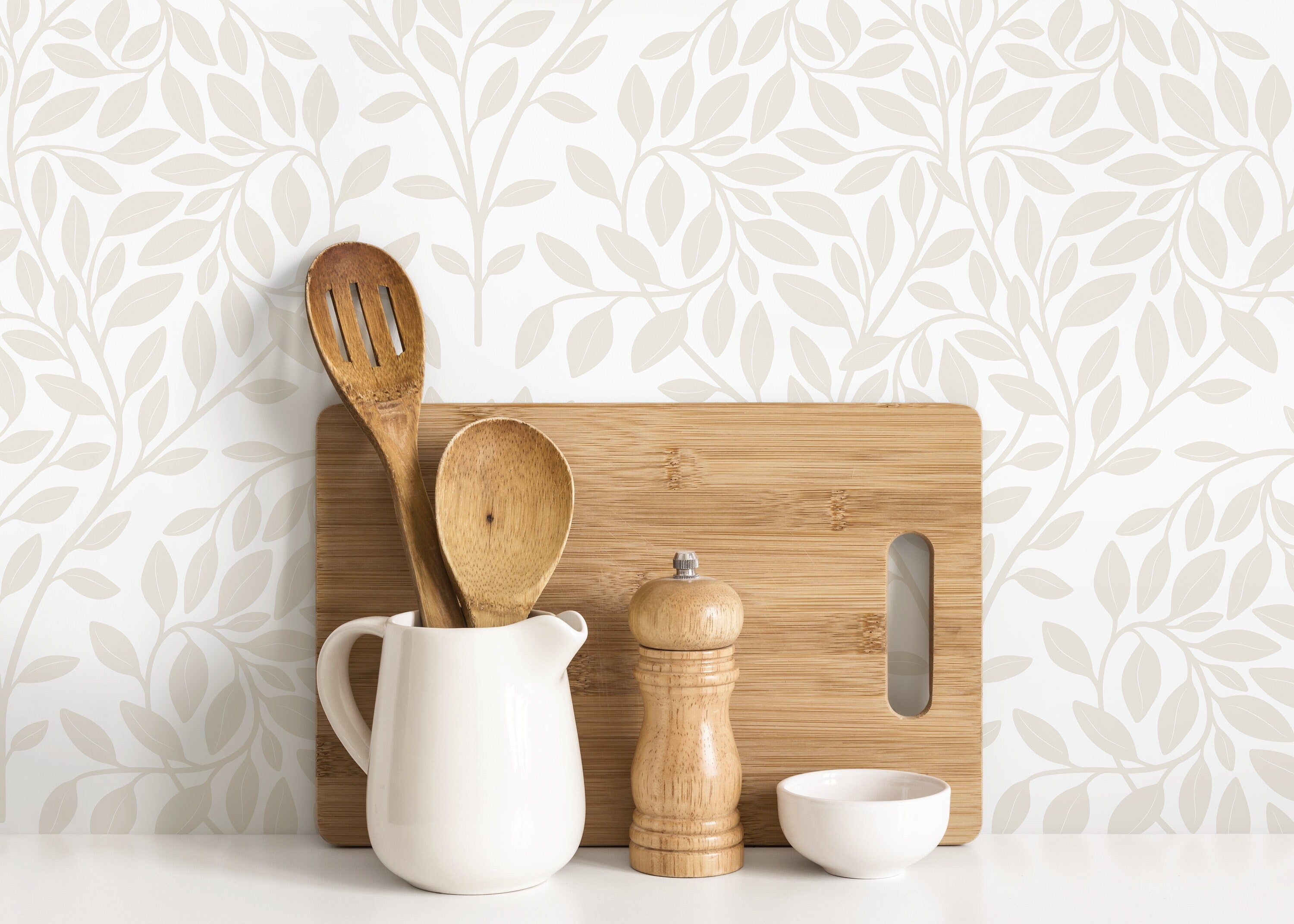 Botanical Wallpaper With Serene Leafy Branches In Neutral Beige - D034