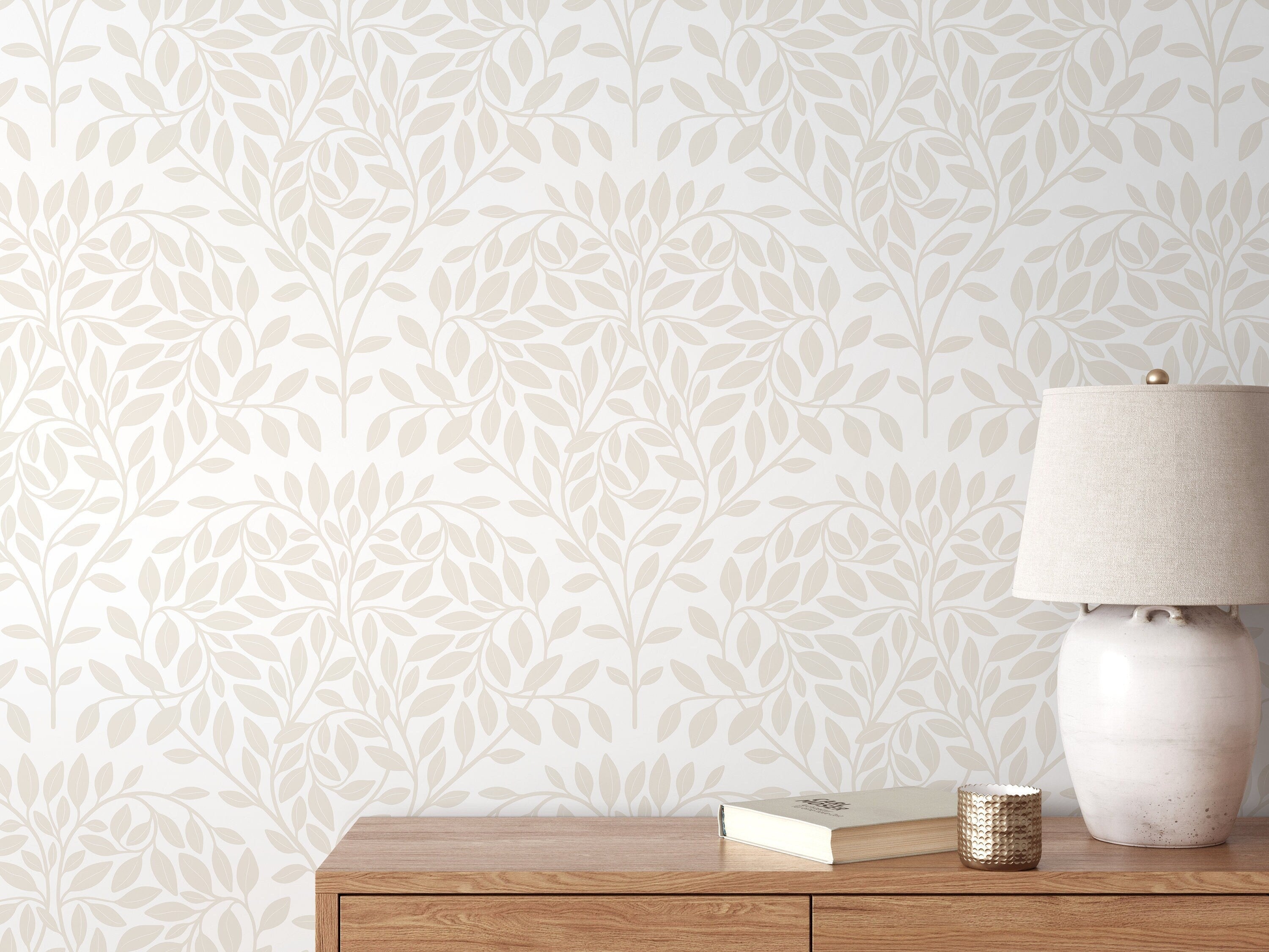 Botanical Wallpaper With Serene Leafy Branches In Neutral Beige - D034