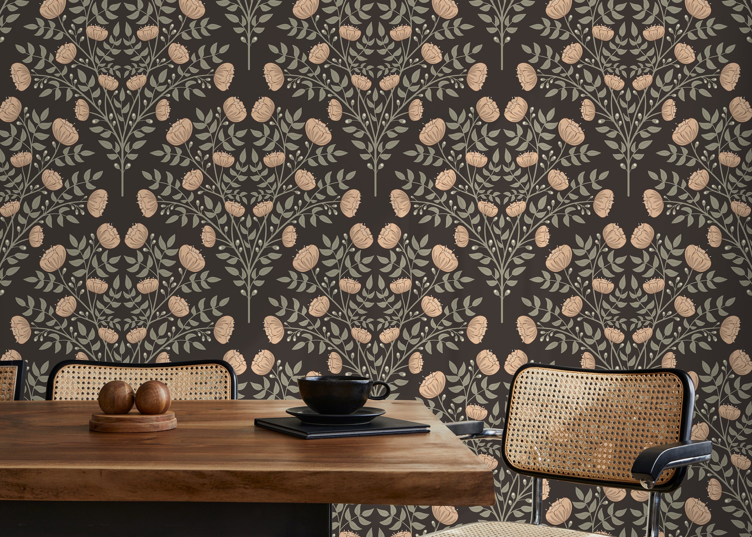 Botanical Wallpaper With Floral Trees In Brown, Green, And Beige - D036